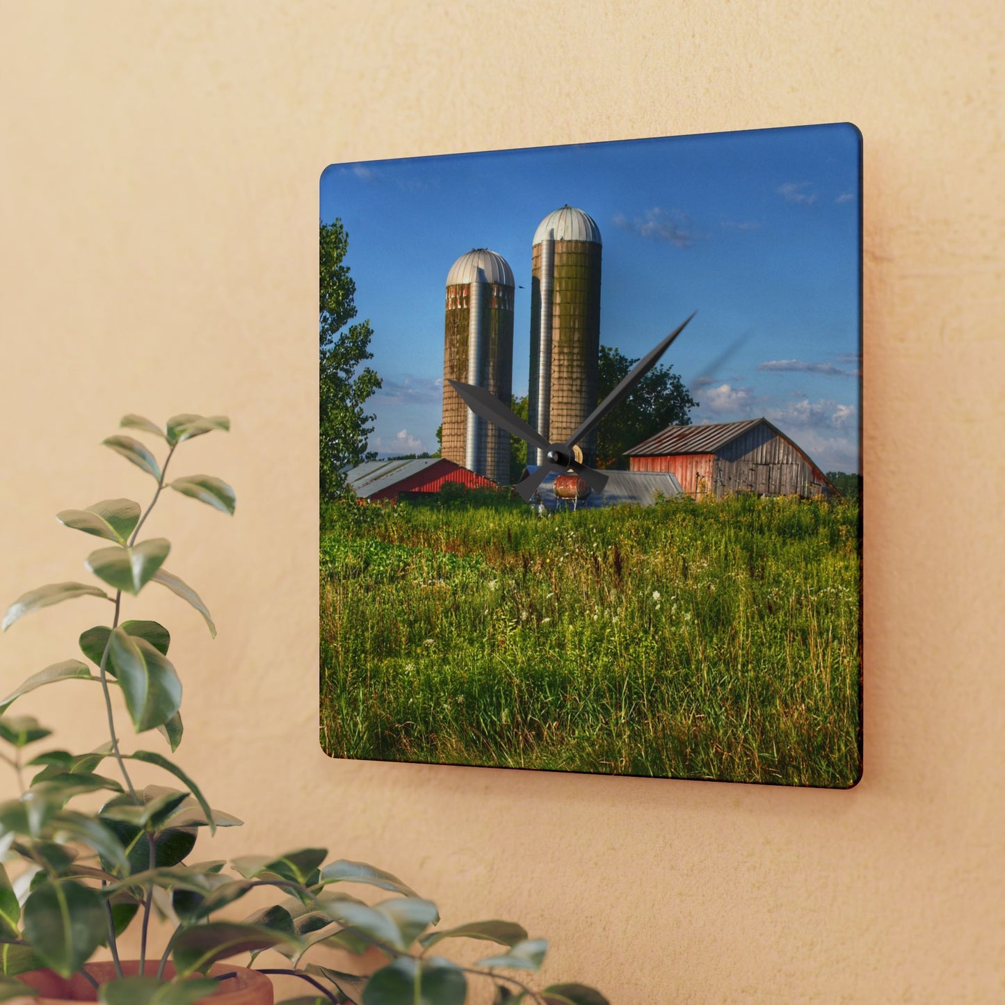 U R There Photography Morrish Road Silos II Rustic Farmhouse Acrylic Analog Wall Clock