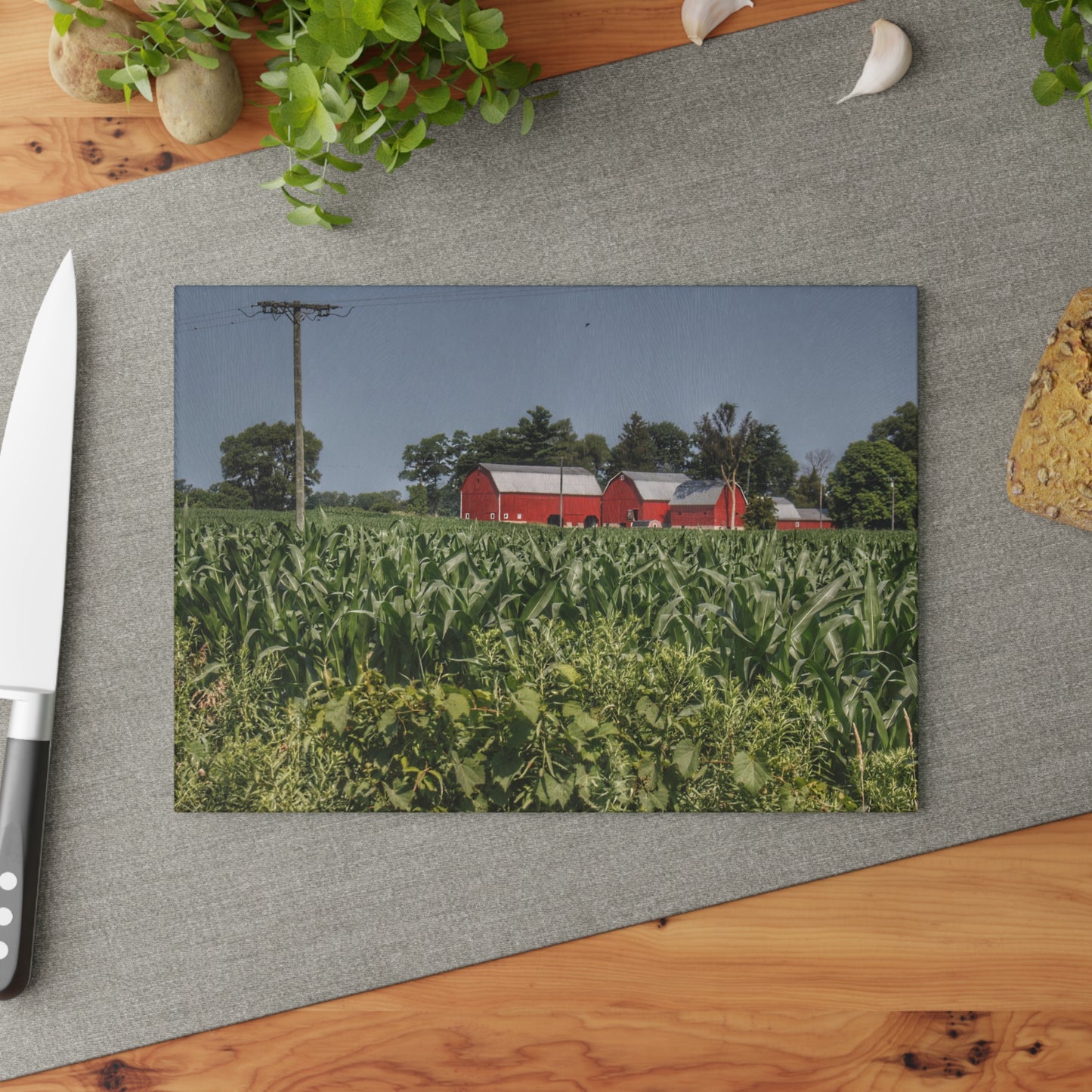 U R There Photography Shoemaker Road Reds Beyond the Corn Rustic Farmhouse Tempered-Glass Cutting Board