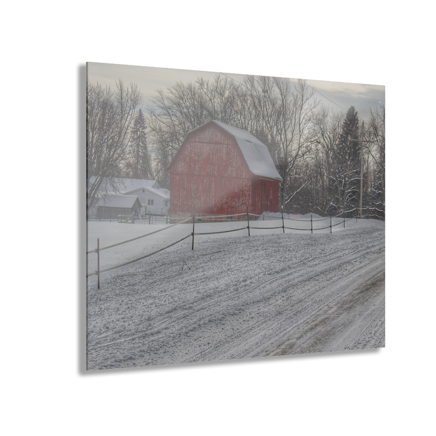 U R There Photography Phillips Road Winter Red Rustic Farmhouse Acrylic Wall Print 14 "x 11"