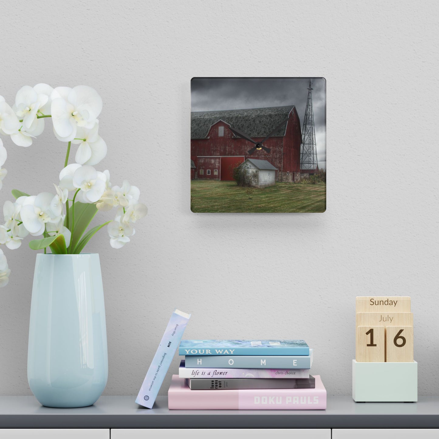 U R There Photography Weaver Road Red II Rustic Farmhouse Acrylic Analog Wall Clock