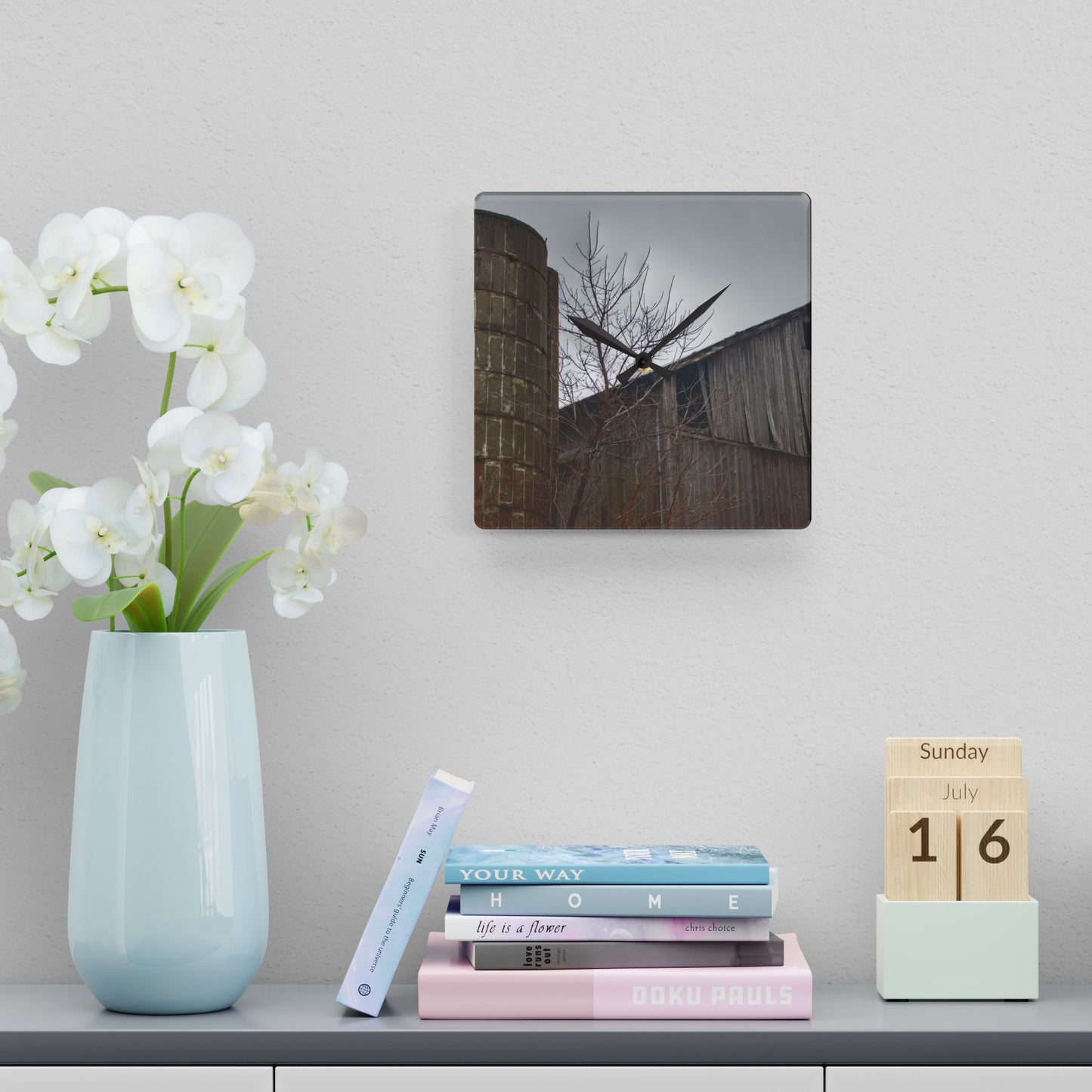 U R There Photography Brandon Hill Grey Rustic Farmhouse Acrylic Analog Wall Clock