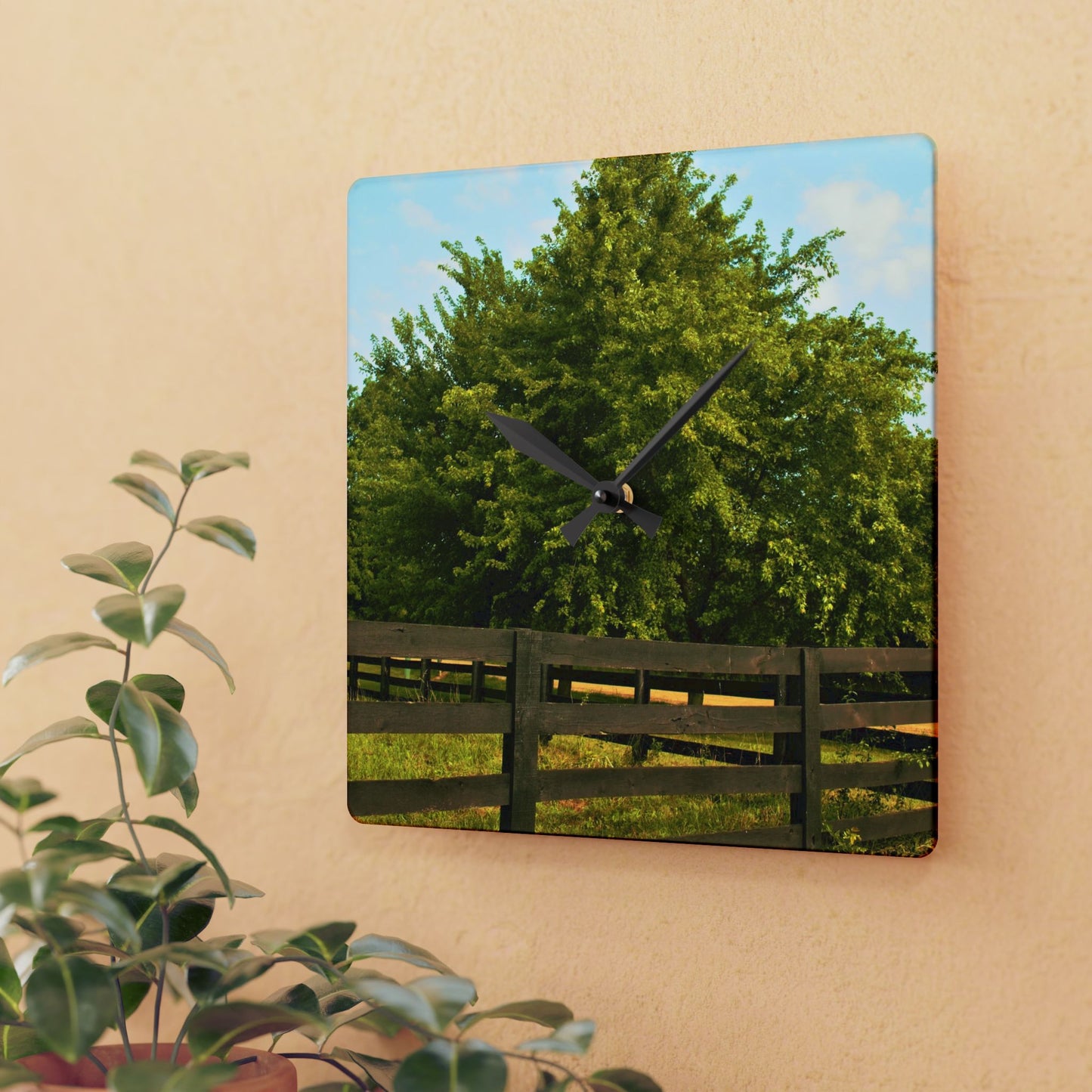 U R There Photography Country Fence and Tree in Metamora Rustic Farmhouse Acrylic Analog Wall Clock
