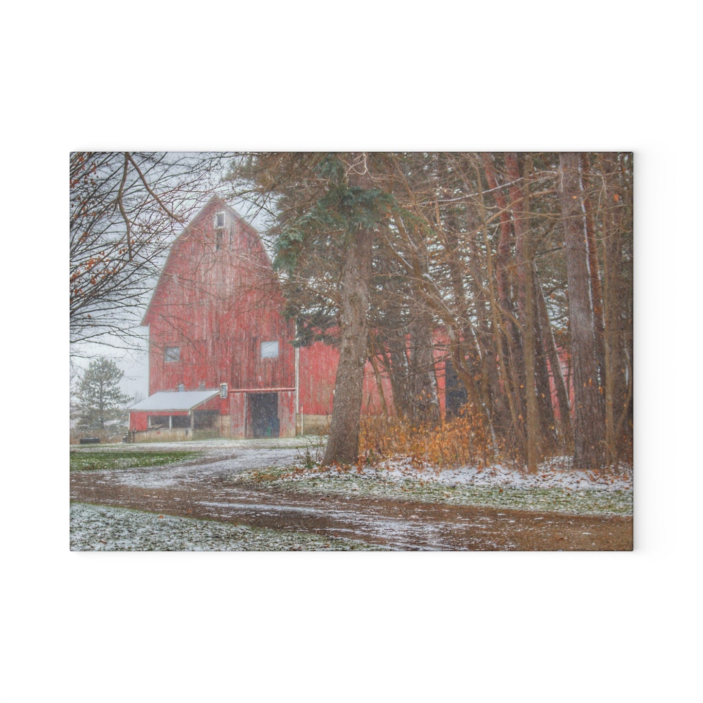 U R There Photography Tubspring Road Hidden Winter Red Rustic Farmhouse Tempered-Glass Cutting Board