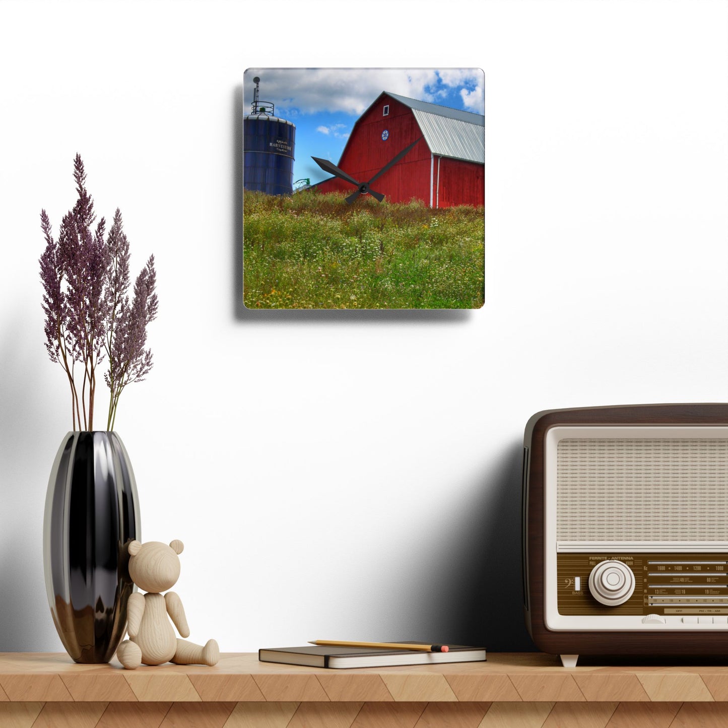 U R There Photography South Henderson Road Hilltop Red III Rustic Farmhouse Acrylic Analog Wall Clock