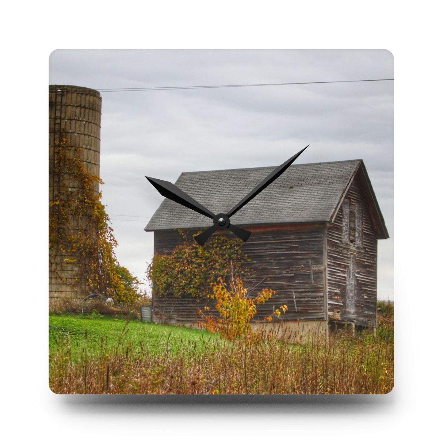 U R There Photography Fisher Road Grey Rustic Farmhouse Acrylic Analog Wall Clock