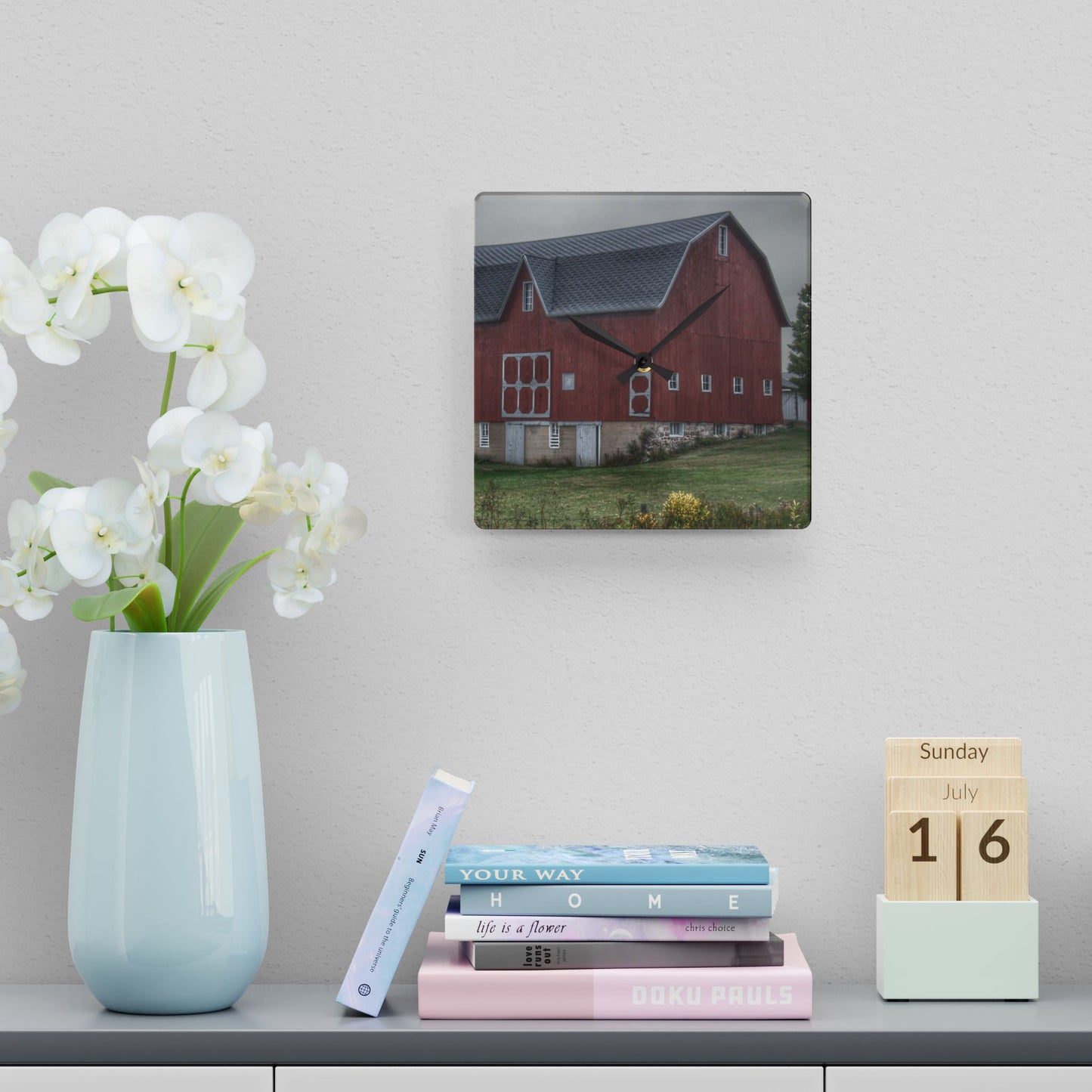 U R There Photography Vassar Road Red I Rustic Farmhouse Acrylic Analog Wall Clock