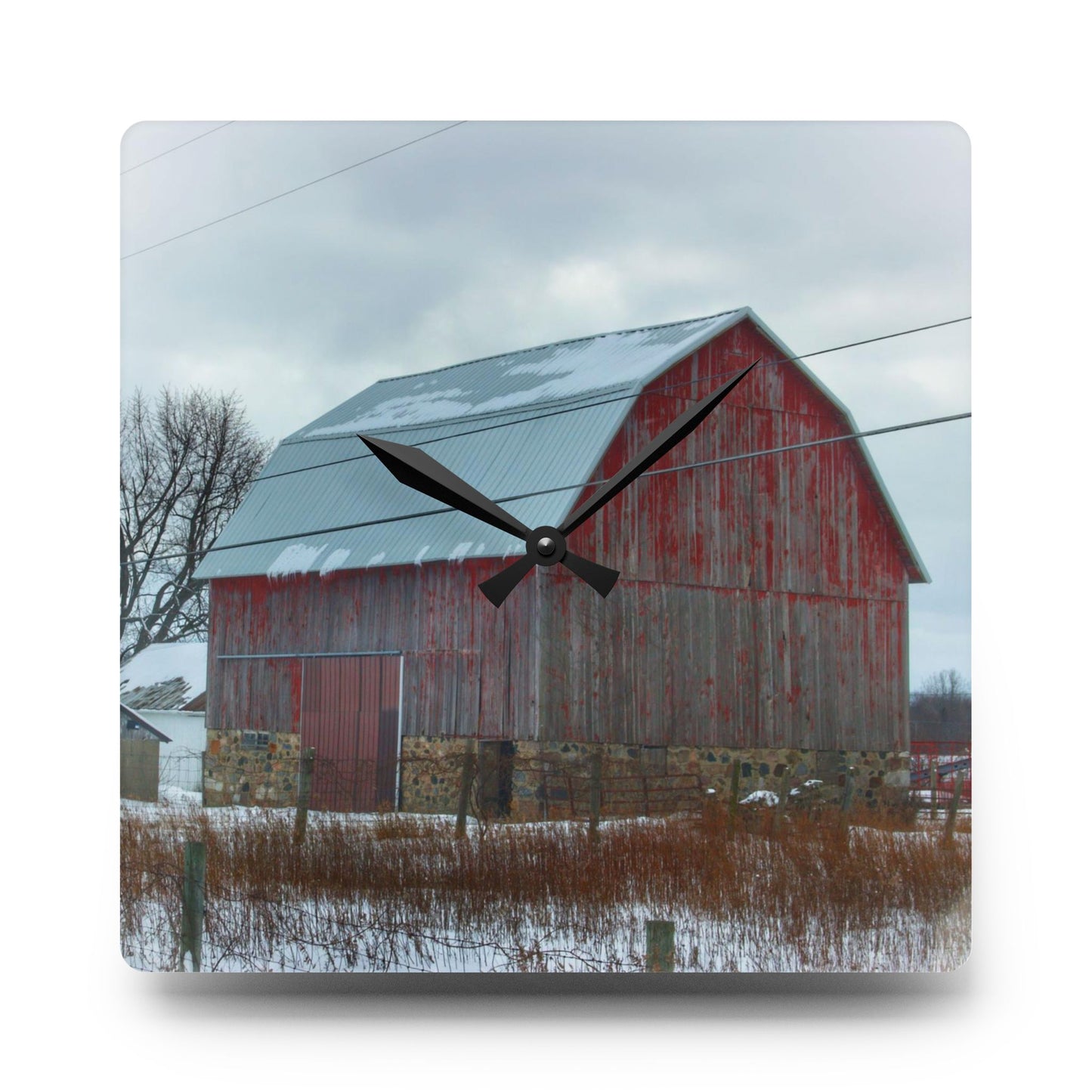 U R There Photography Lake Pleasant Stone Red and Little Grey Rustic Farmhouse Acrylic Analog Wall Clock
