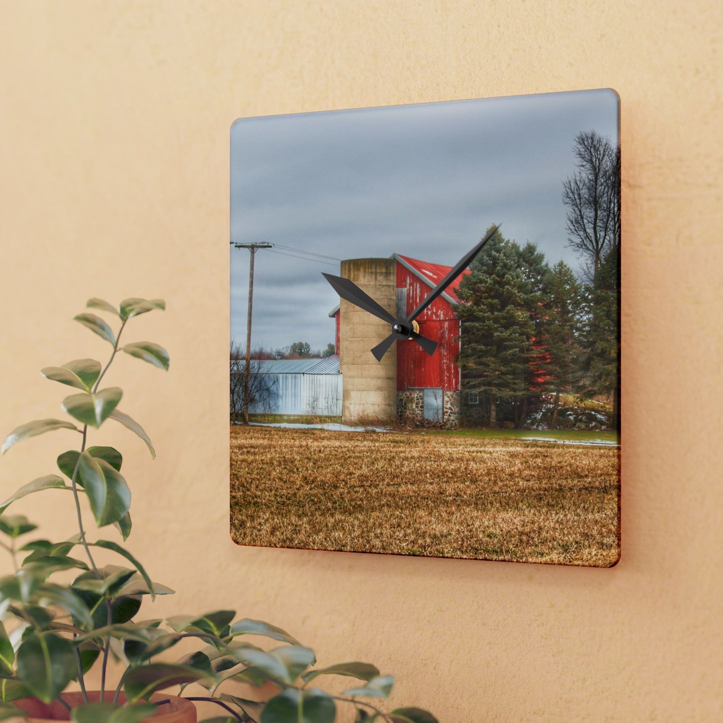 U R There Photography Laur Road Red Among the Pines I Rustic Farmhouse Acrylic Analog Wall Clock