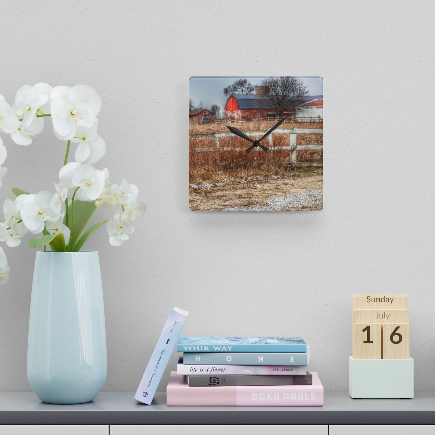 U R There Photography Mound Road Reds Rustic Farmhouse Acrylic Analog Wall Clock