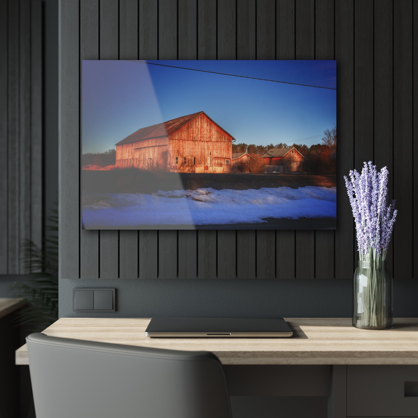 U R There Photography M-15 Reds in Winter Rustic Farmhouse Acrylic Wall Print