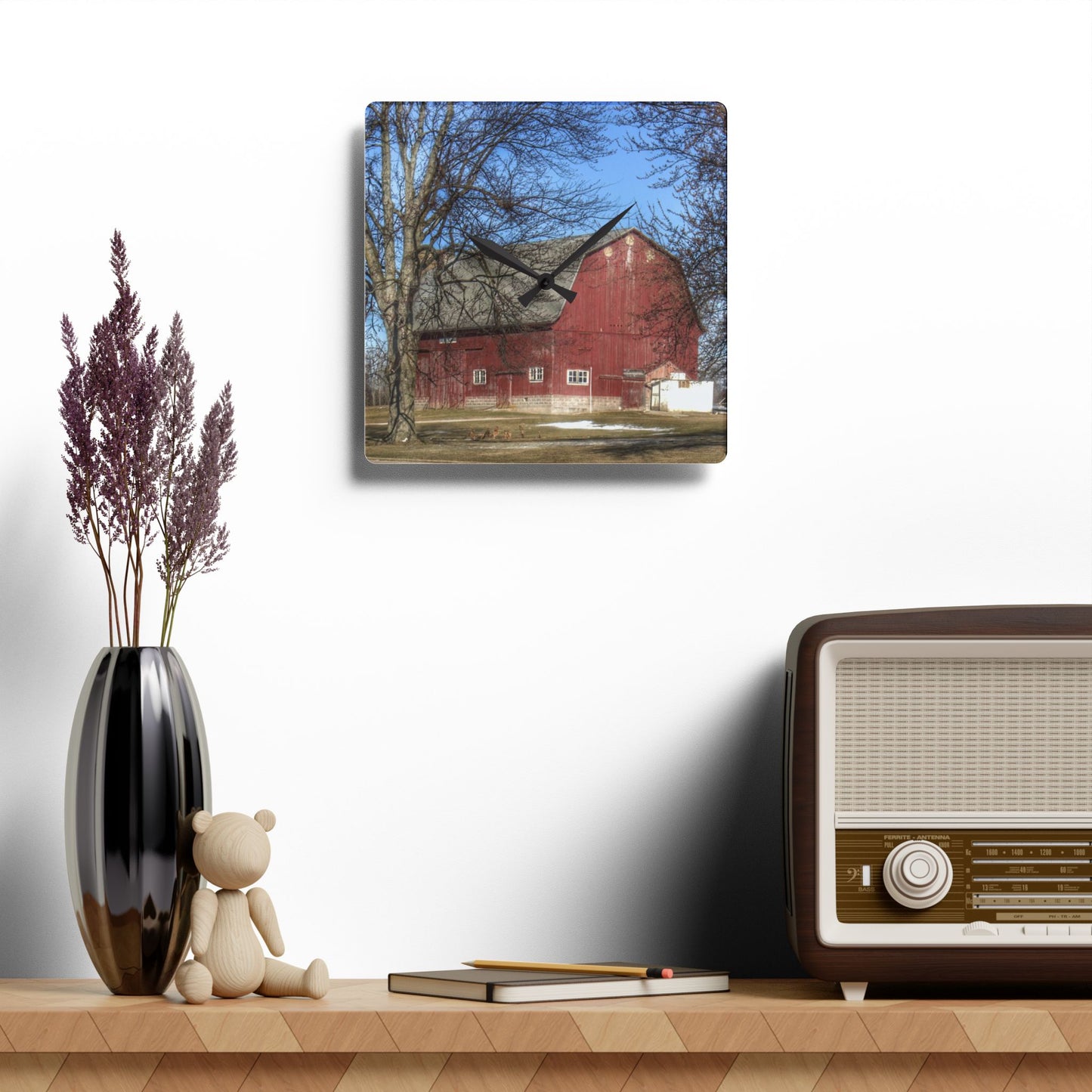 U R There Photography Dixon Road Red Rustic Farmhouse Acrylic Analog Wall Clock