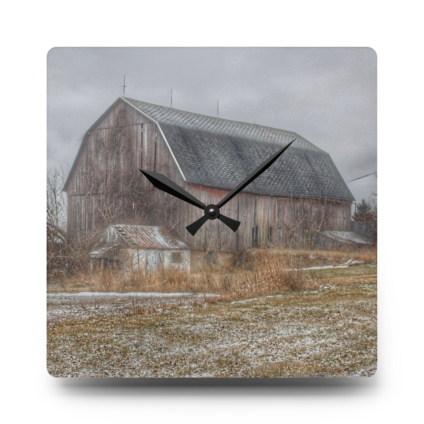 U R There Photography Mayville Road Grey Rustic Farmhouse Acrylic Analog Wall Clock