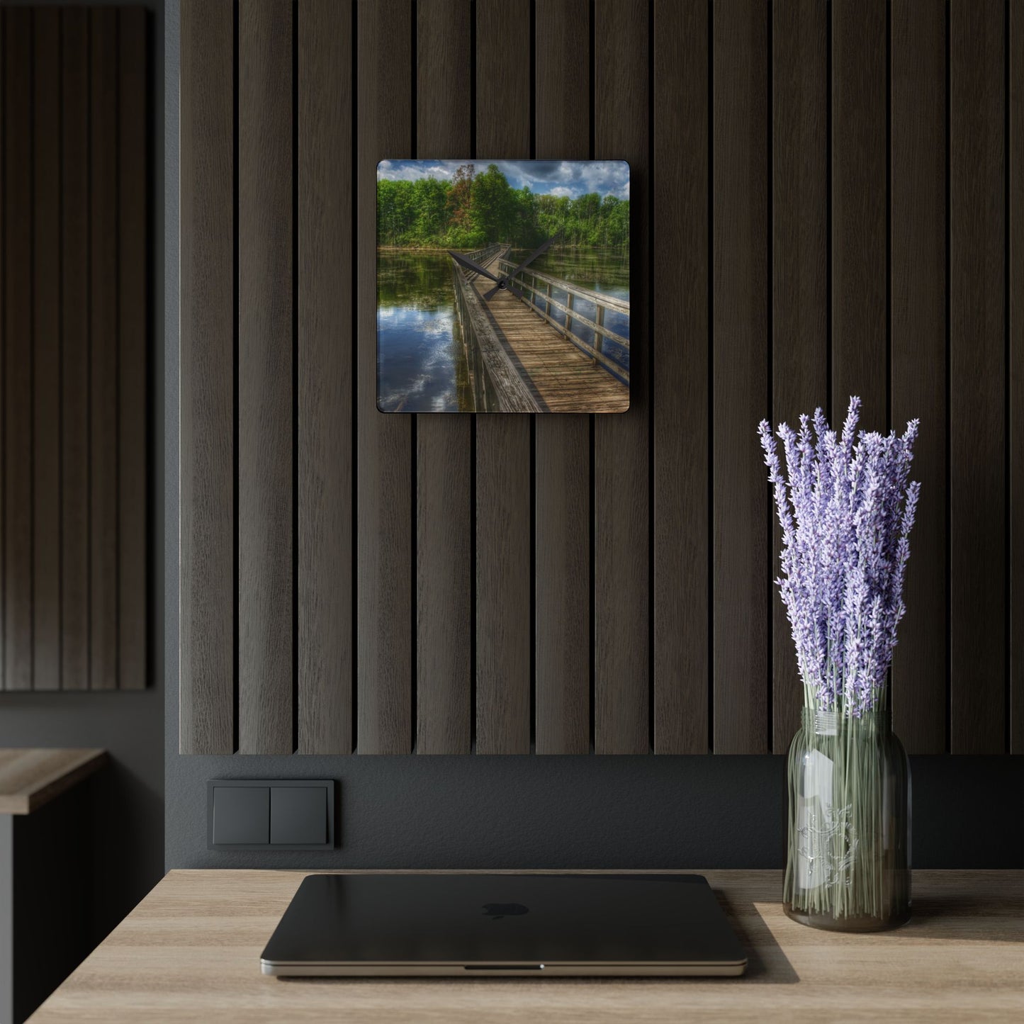 U R There Photography Linear Park Bridge In Lapeer III Rustic Farmhouse Acrylic Analog Wall Clock