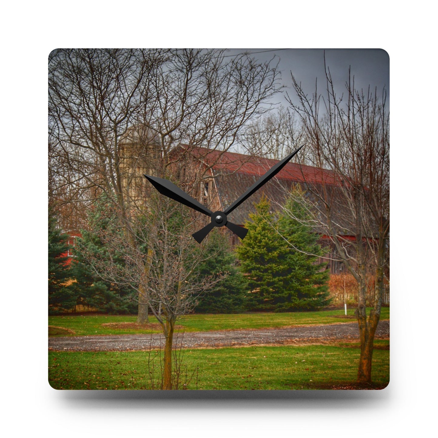 U R There Photography Rusted Red Beyond the Pines Rustic Farmhouse Acrylic Analog Wall Clock