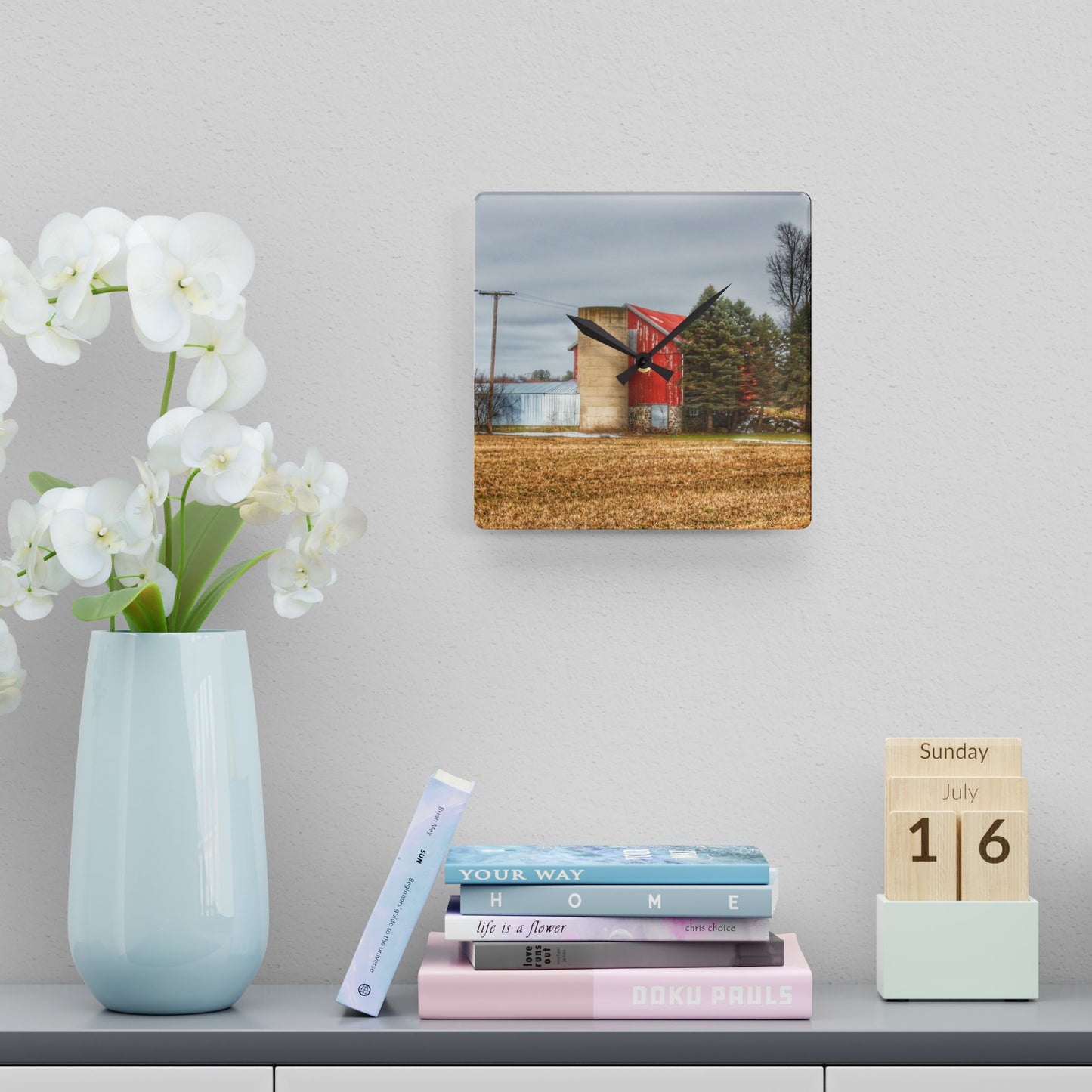 U R There Photography Laur Road Red Among the Pines I Rustic Farmhouse Acrylic Analog Wall Clock