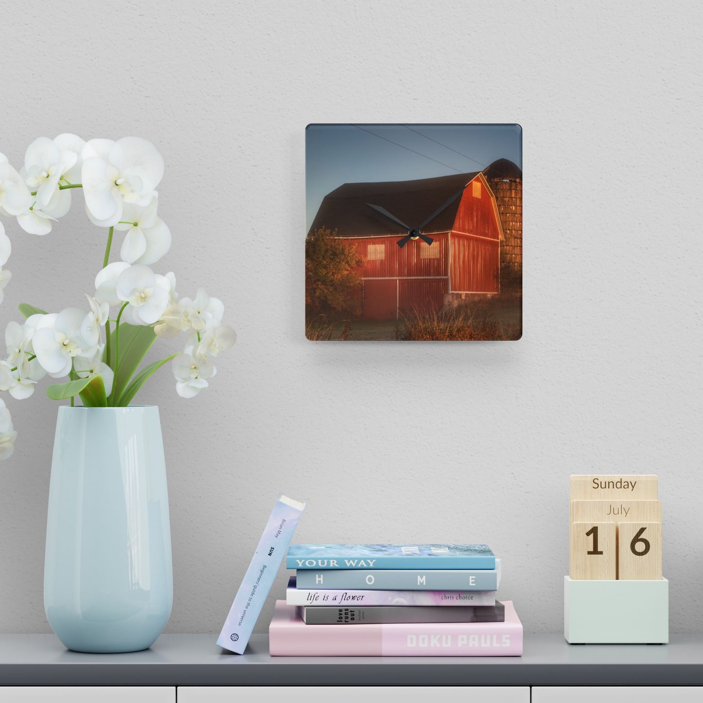 U R There Photography Klam Road Red Meets Foggy Sunrise II Rustic Farmhouse Acrylic Analog Wall Clock