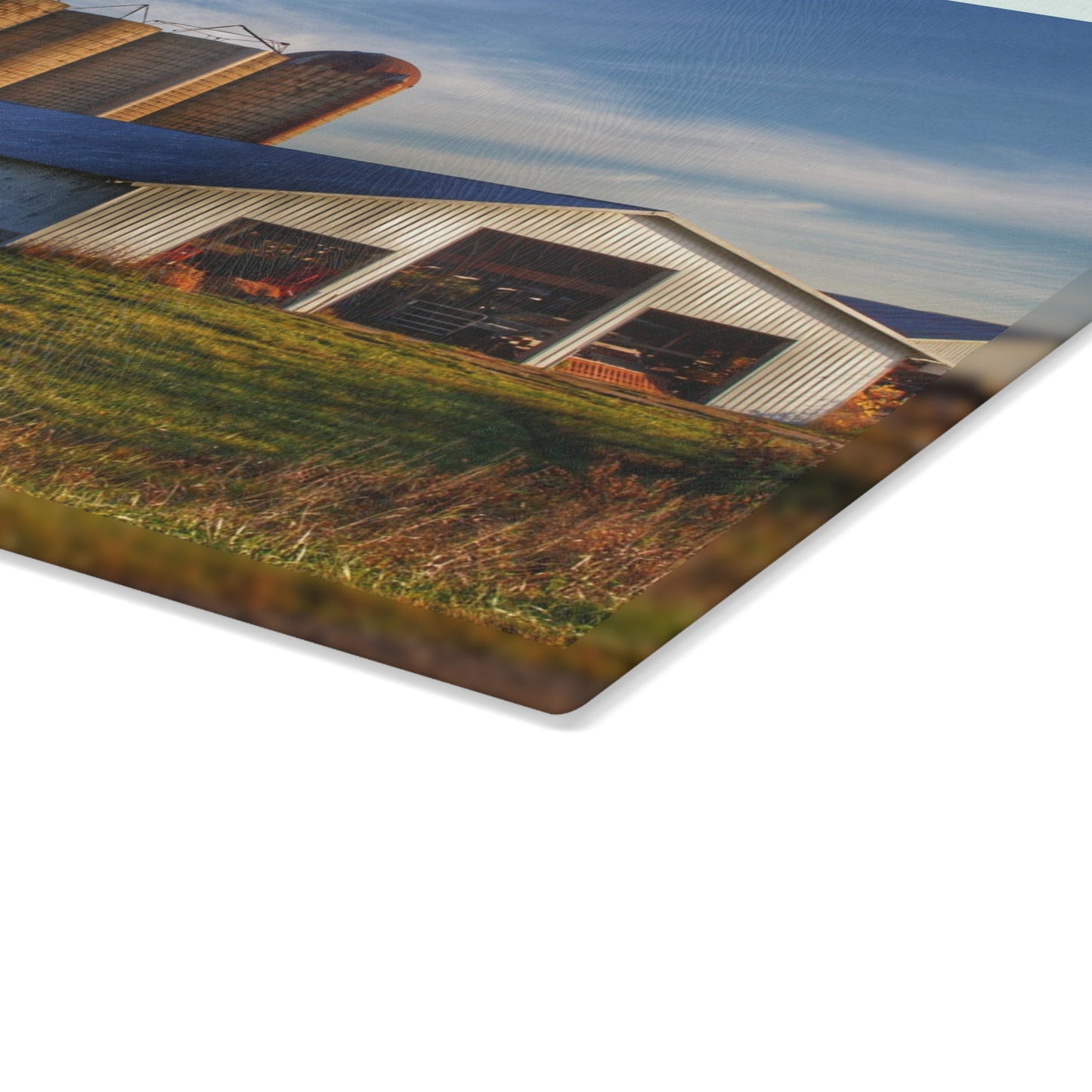 U R There Photography Peck White and Silos Rustic Farmhouse Tempered-Glass Cutting Board