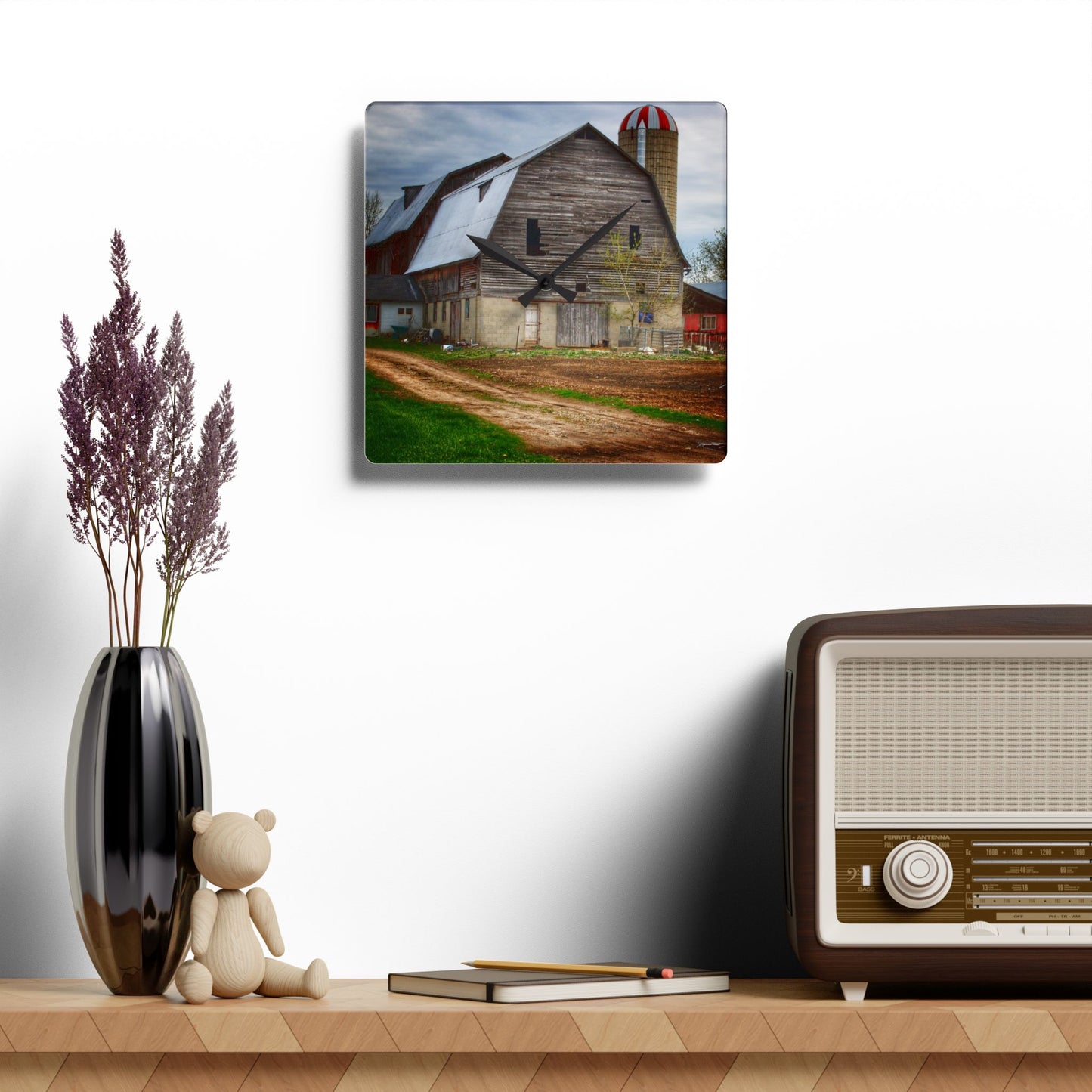 U R There Photography Murphy Lake Road Grey l Rustic Farmhouse Acrylic Analog Wall Clock