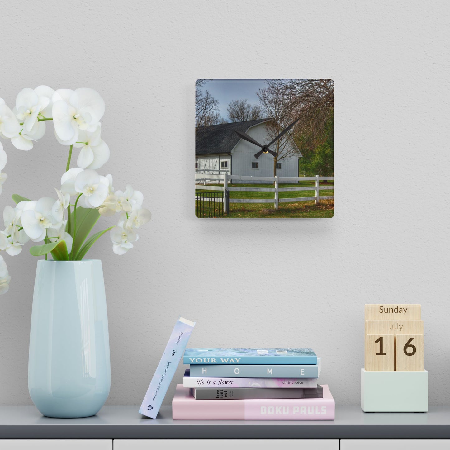 U R There Photography Collins Road White Rustic Farmhouse Acrylic Analog Wall Clock