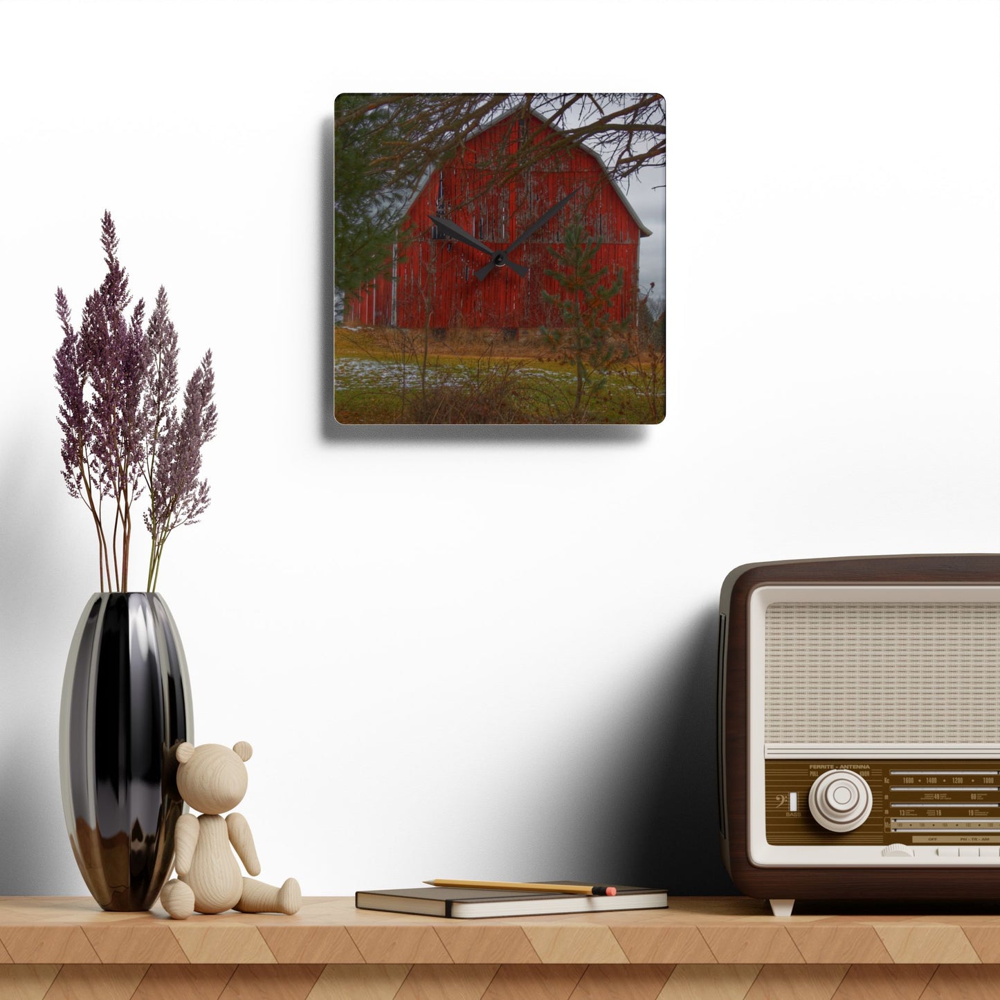 U R There Photography Johnsonmill Road Hidden Red Rustic Farmhouse Acrylic Analog Wall Clock