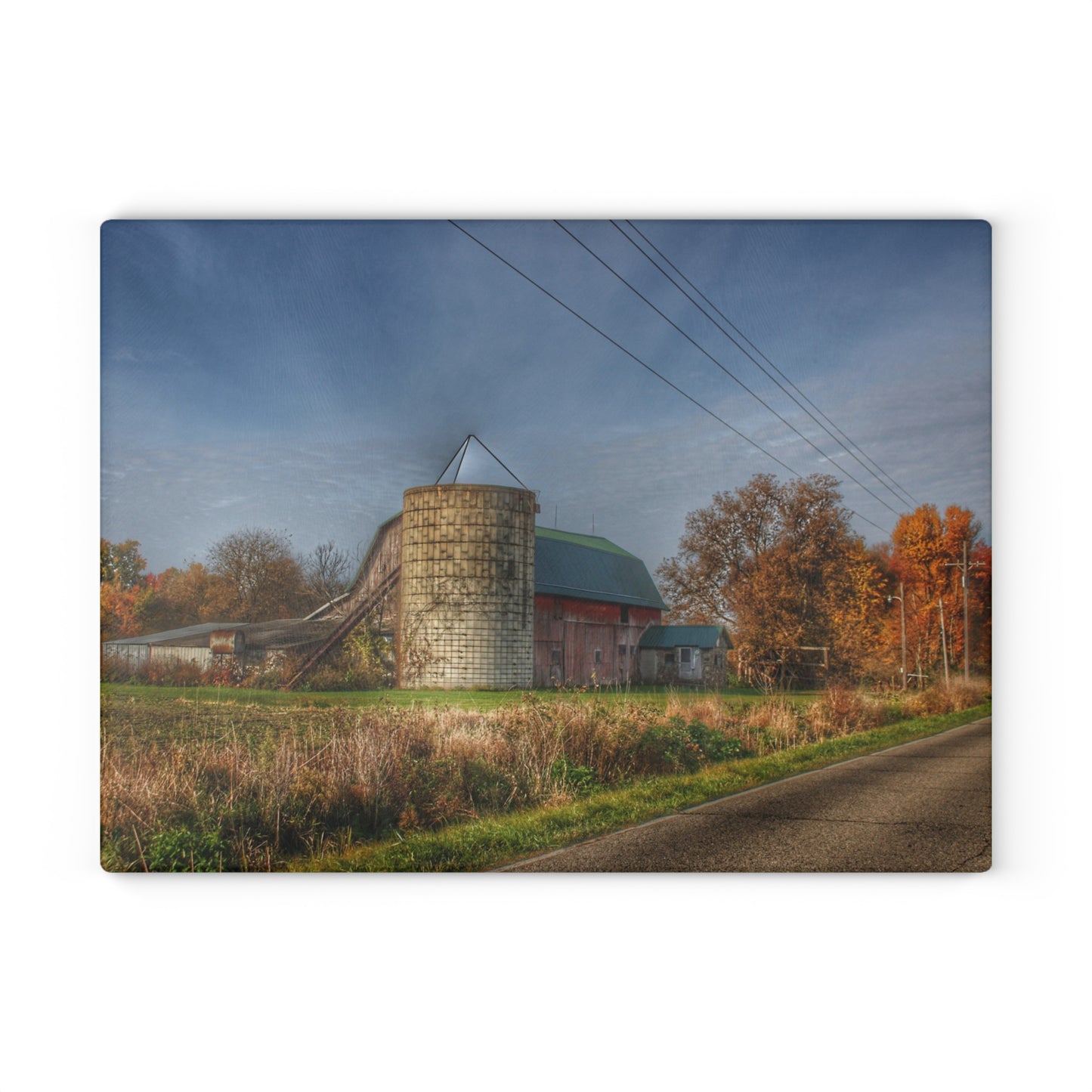 U R There Photography Plumb Creek Road Red in Fall I Rustic Farmhouse Tempered-Glass Cutting Board