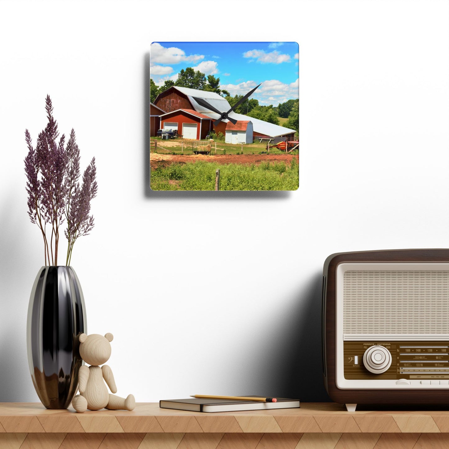 U R There Photography McKeen Lake Road Reds II Rustic Farmhouse Acrylic Analog Wall Clock