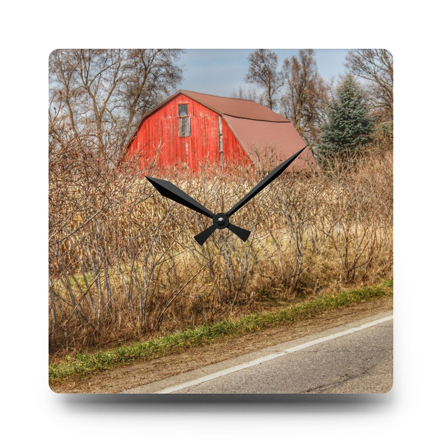 U R There Photography South Lake Pleasant Road Red Rustic Farmhouse Acrylic Analog Wall Clock