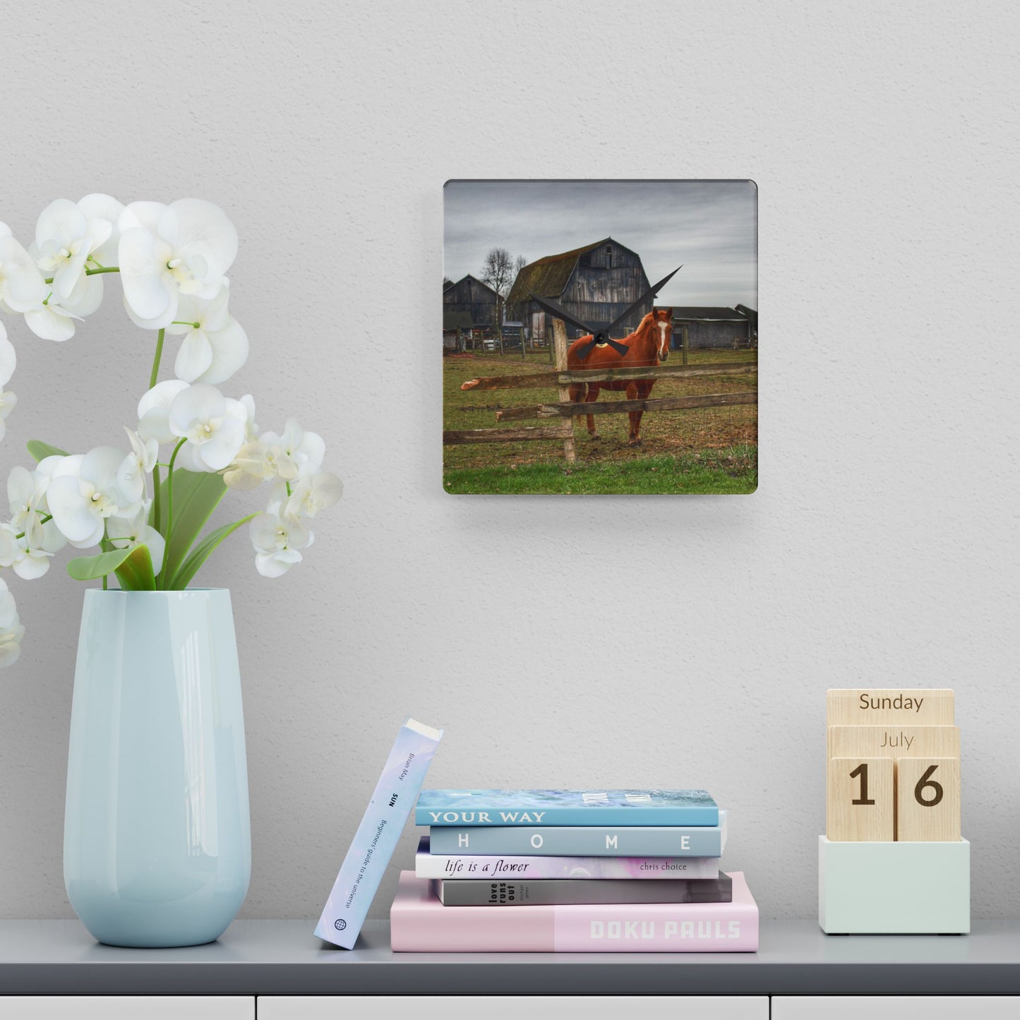 U R There Photography South Summers Road Old Grey and Caramel IV Rustic Farmhouse Acrylic Analog Wall Clock
