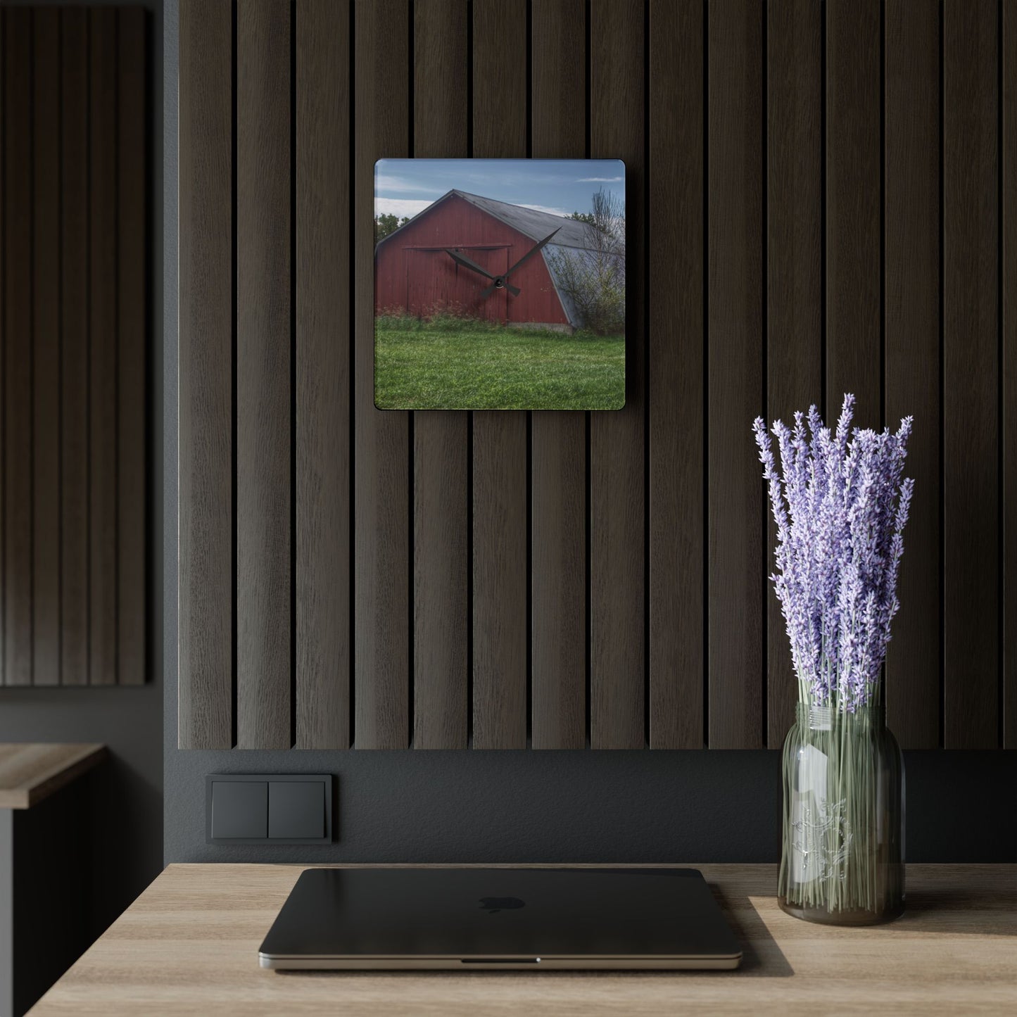 U R There Photography Piersonville Road Red Quonset Rustic Farmhouse Acrylic Analog Wall Clock