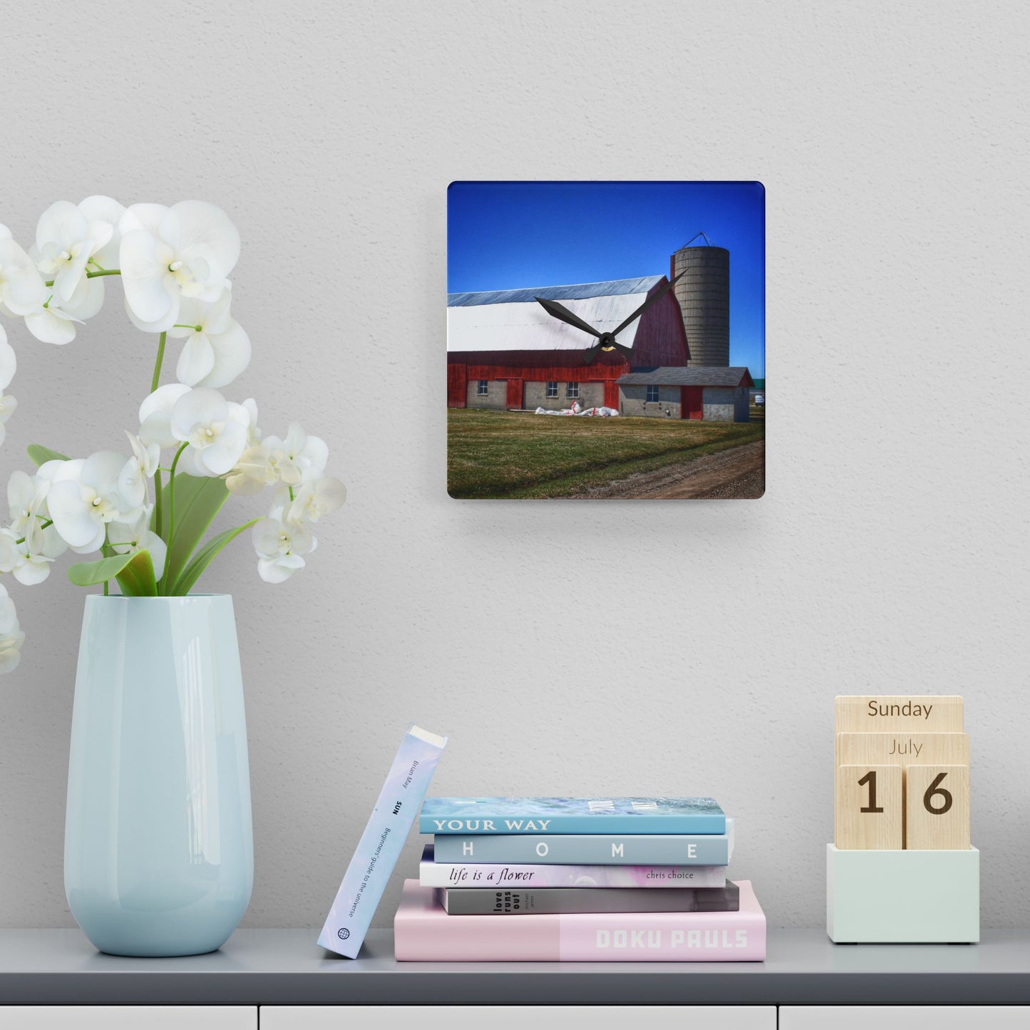 U R There Photography Burt Road Red and Silo Rustic Farmhouse Acrylic Analog Wall Clock