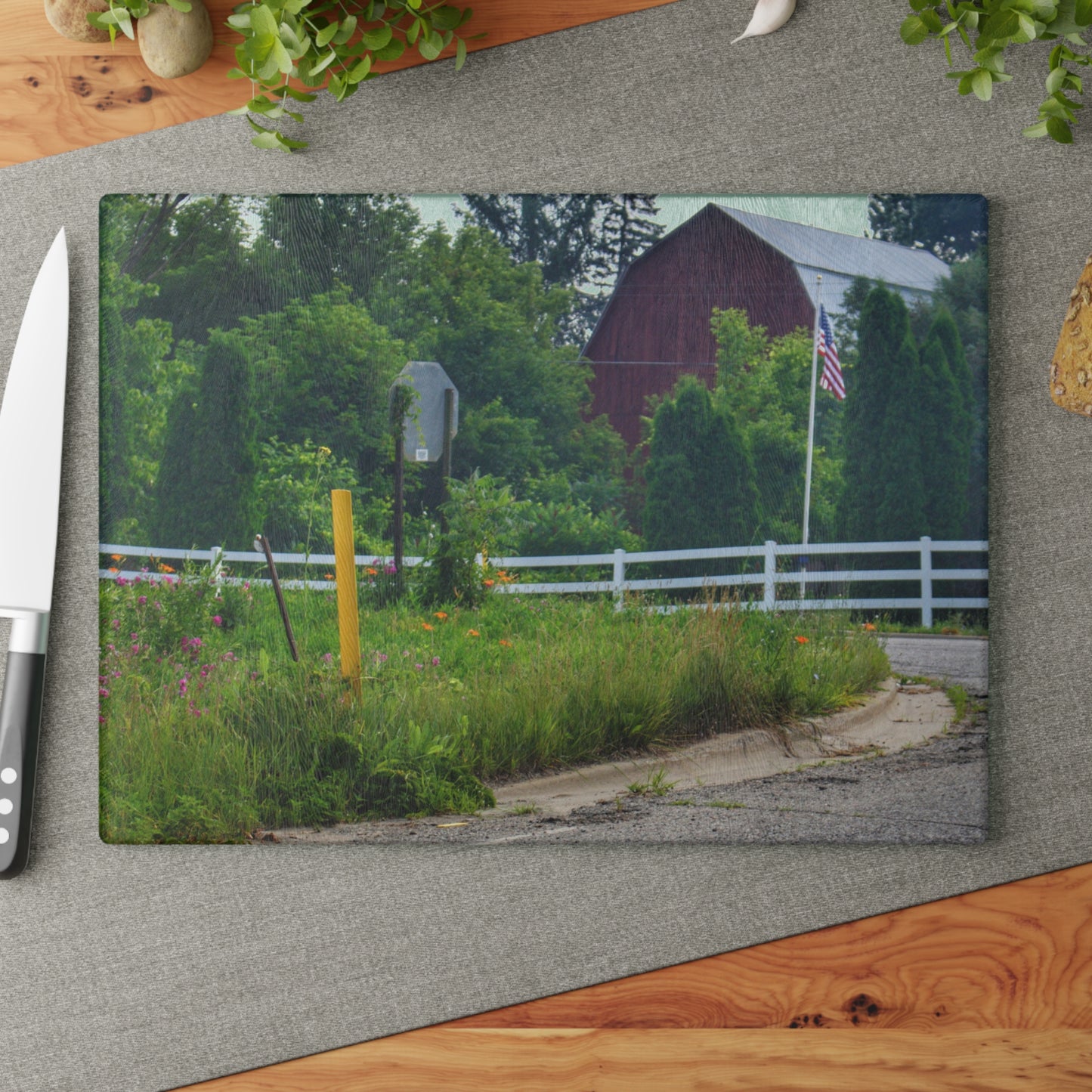 U R There Photography Sutton Road Red and Old Glory Rustic Farmhouse Tempered-Glass Cutting Board