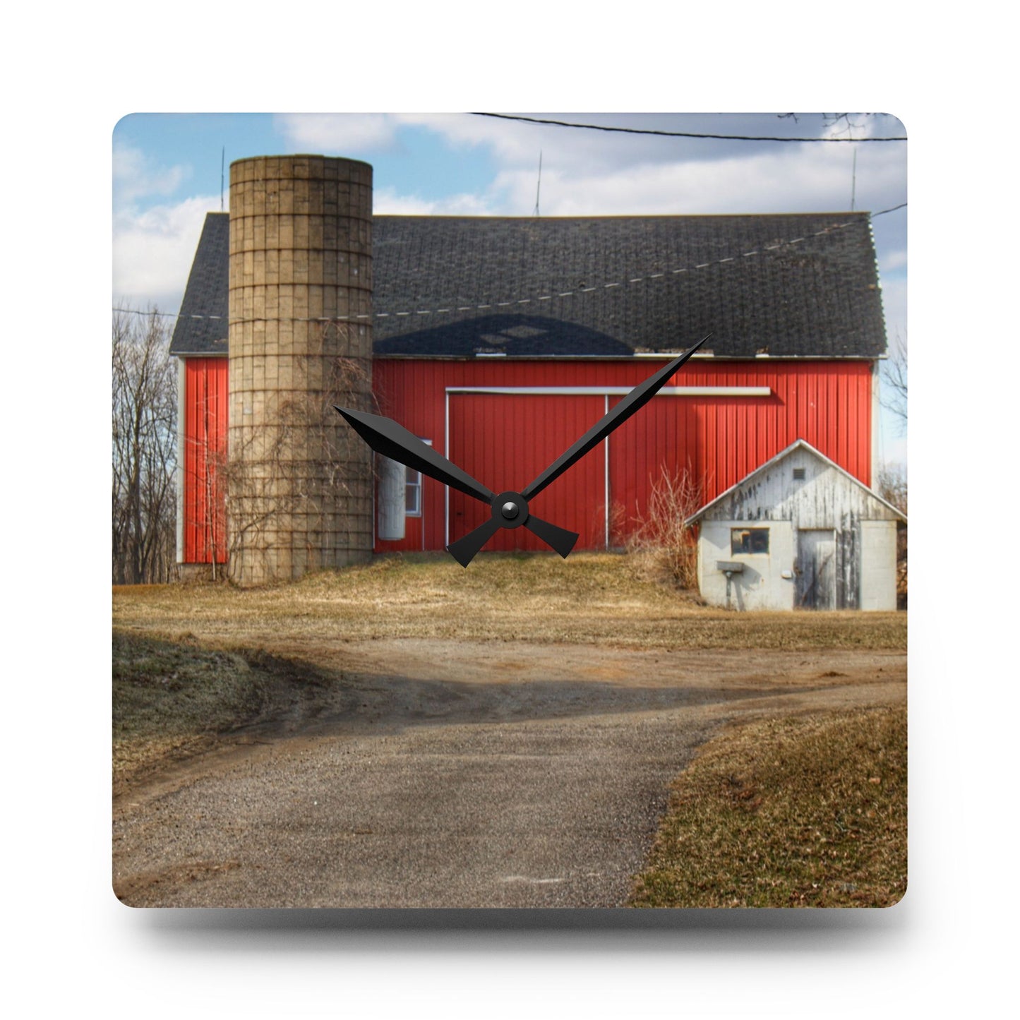 U R There Photography Mayville Road Red and Silo Rustic Farmhouse Acrylic Analog Wall Clock