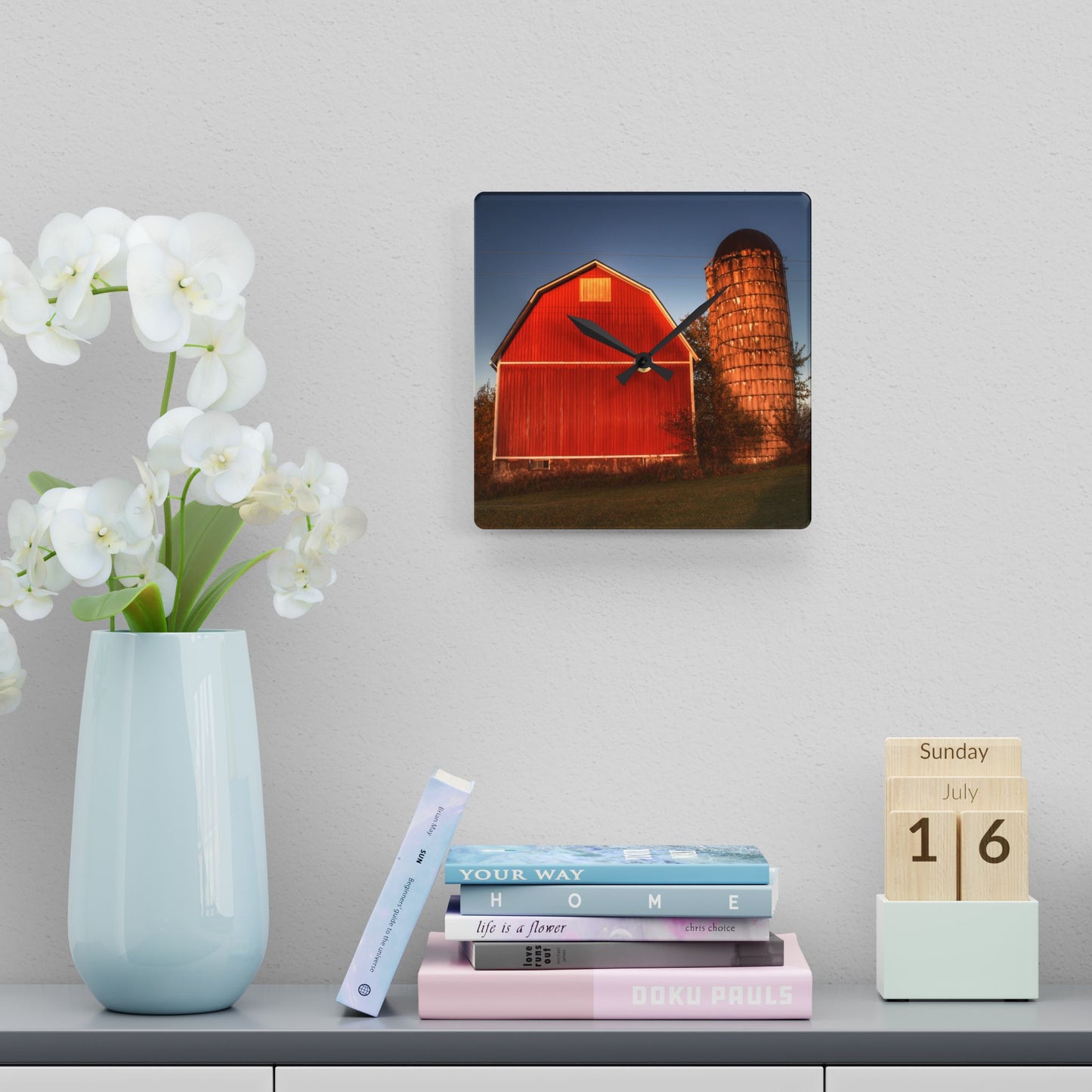 U R There Photography Klam Road Red Meets Foggy Sunrise I Rustic Farmhouse Acrylic Analog Wall Clock