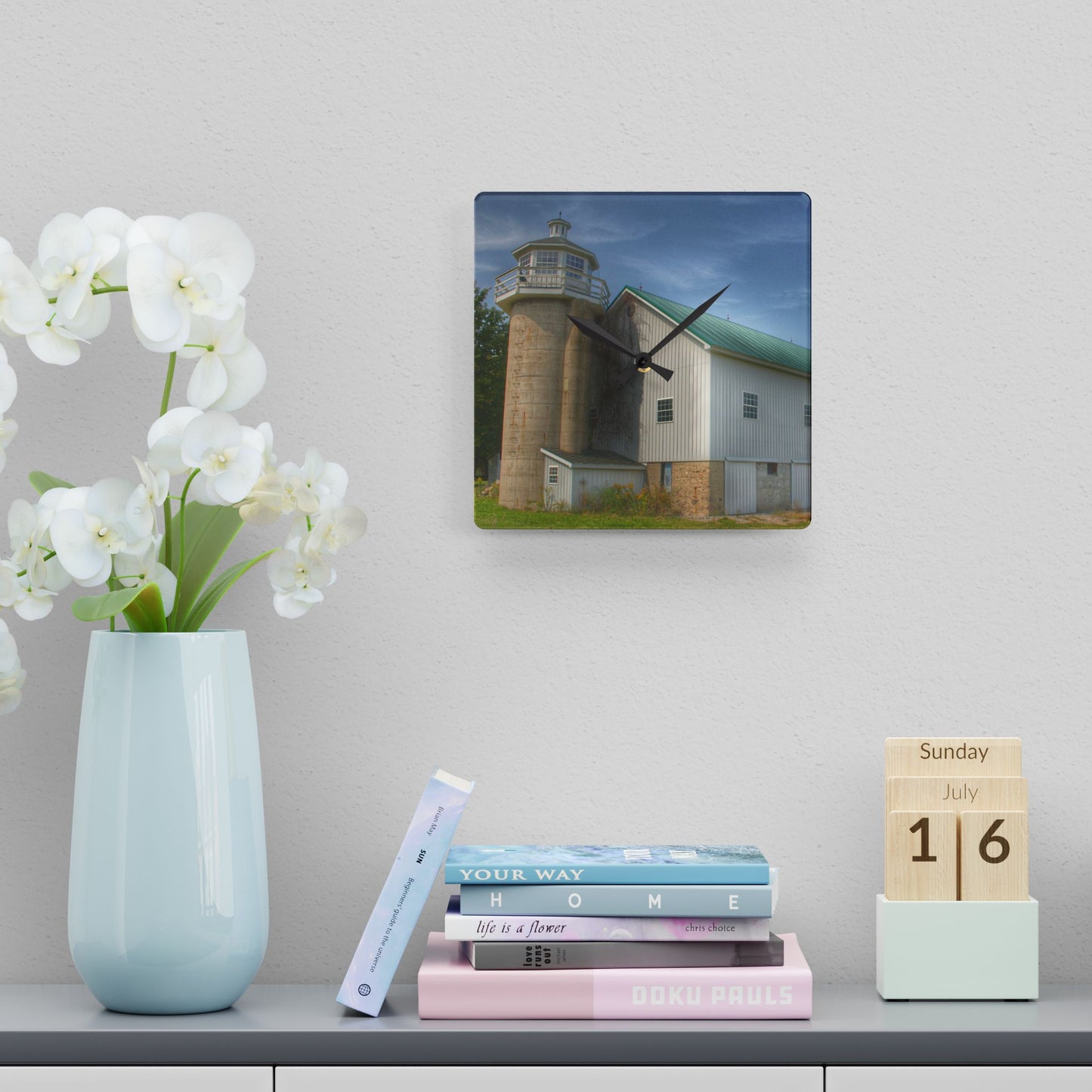 U R There Photography Phelps Road Lighthouse Barn I Rustic Farmhouse Acrylic Analog Wall Clock