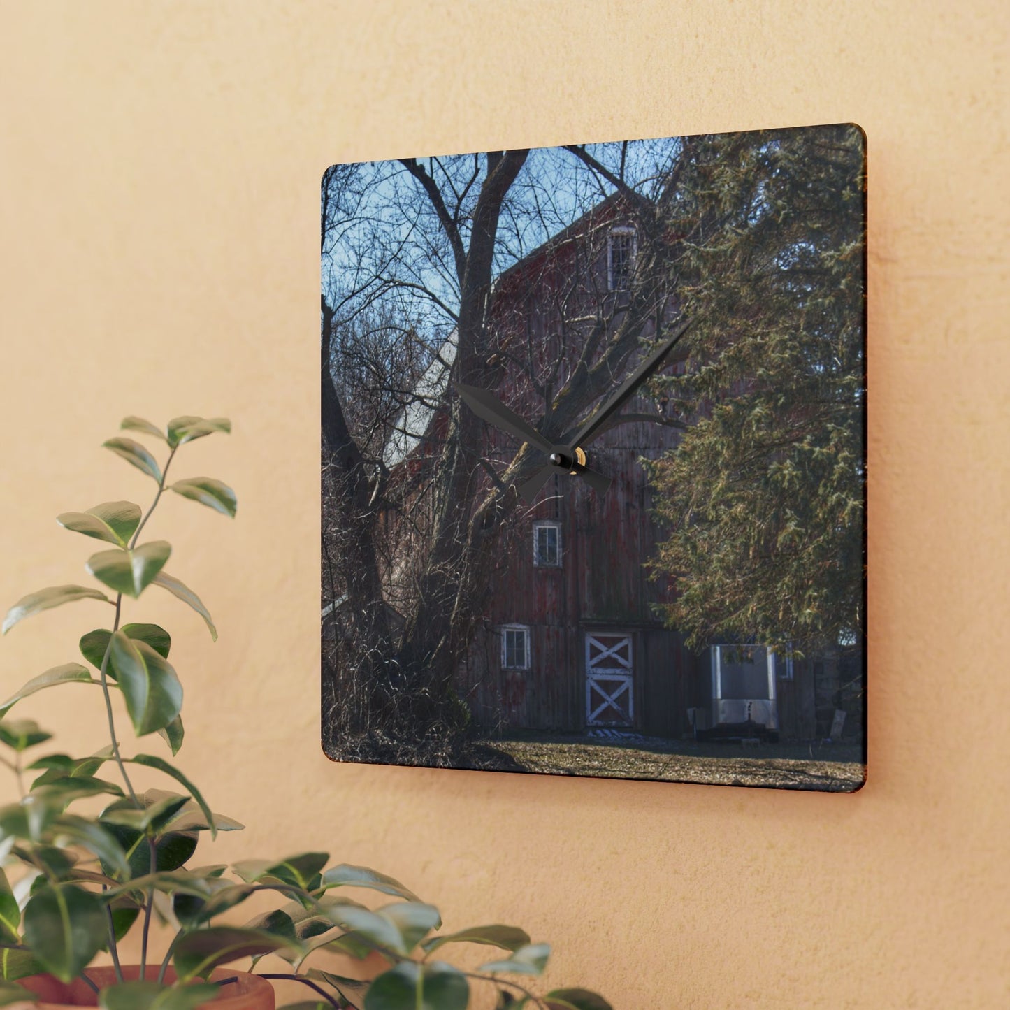 U R There Photography Lakeville Road Hidden Red Rustic Farmhouse Acrylic Analog Wall Clock
