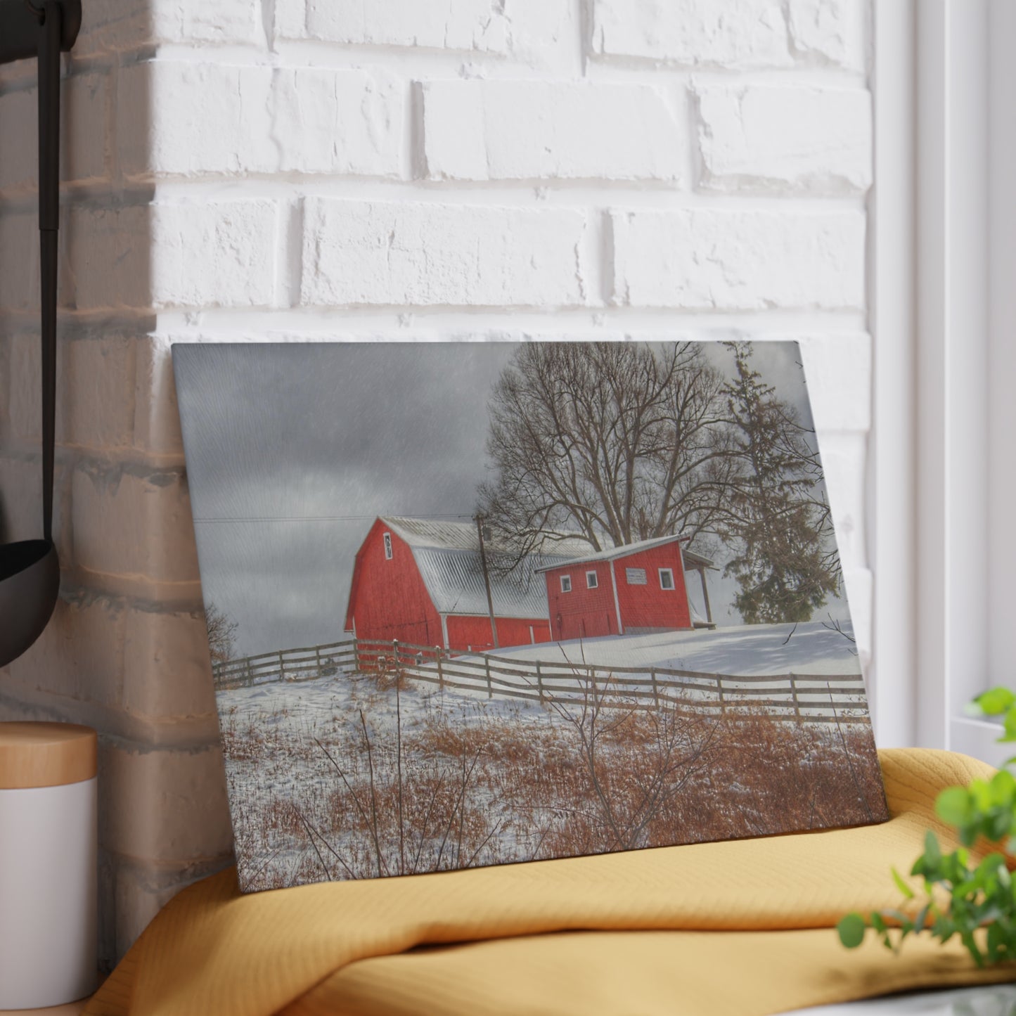 U R There Photography Catlin Red and Fence II Rustic Farmhouse Tempered-Glass Cutting Board