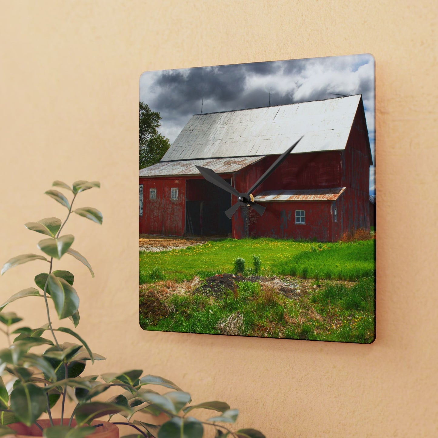 U R There Photography Rescue Road Reds Rustic Farmhouse Acrylic Analog Wall Clock
