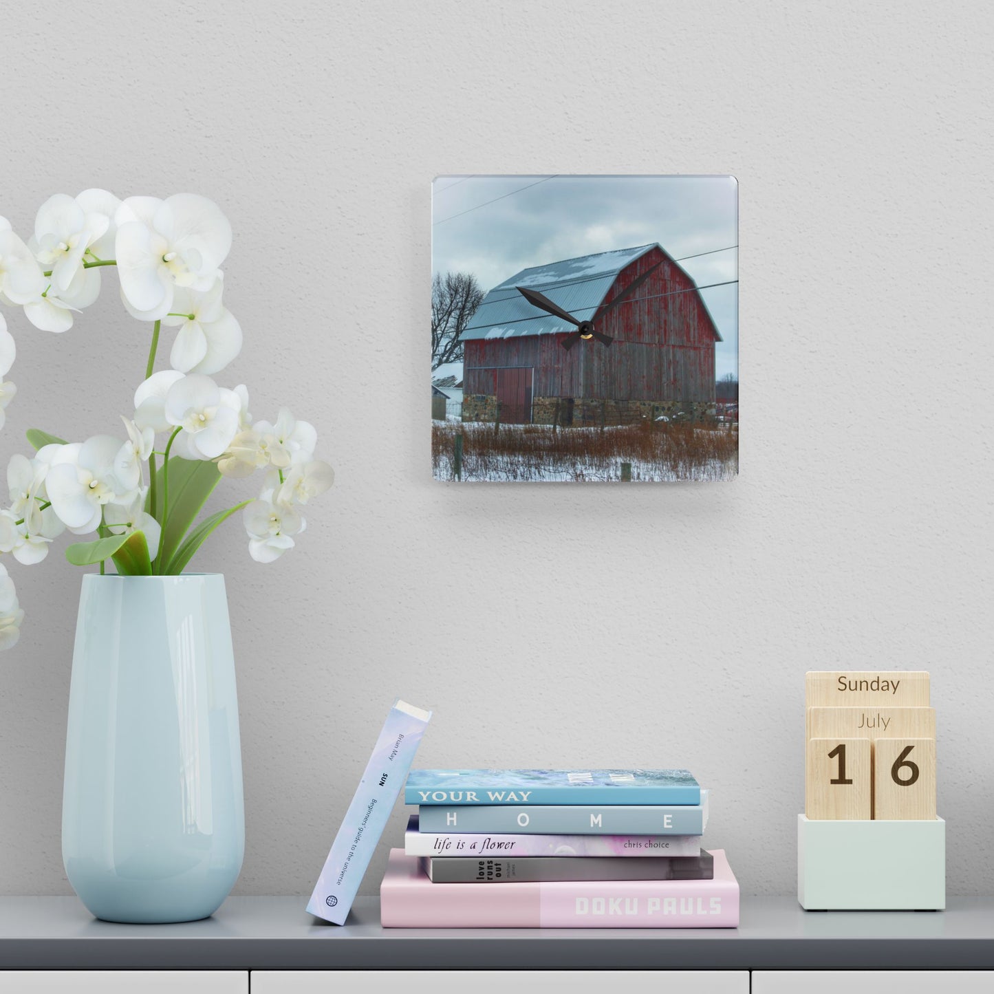 U R There Photography Lake Pleasant Stone Red and Little Grey Rustic Farmhouse Acrylic Analog Wall Clock