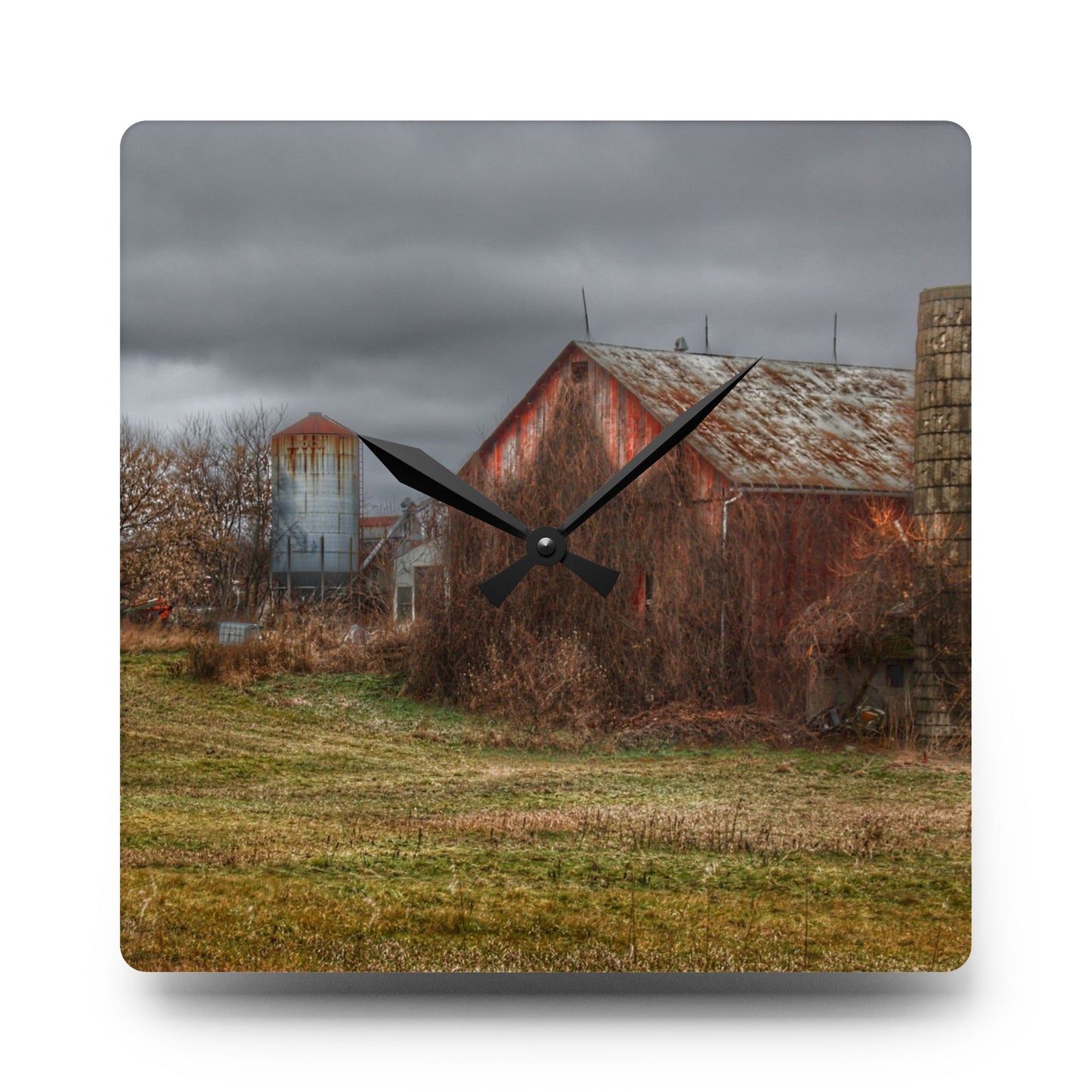 U R There Photography Slattery Road Old Red and Silo I Rustic Farmhouse Acrylic Analog Wall Clock