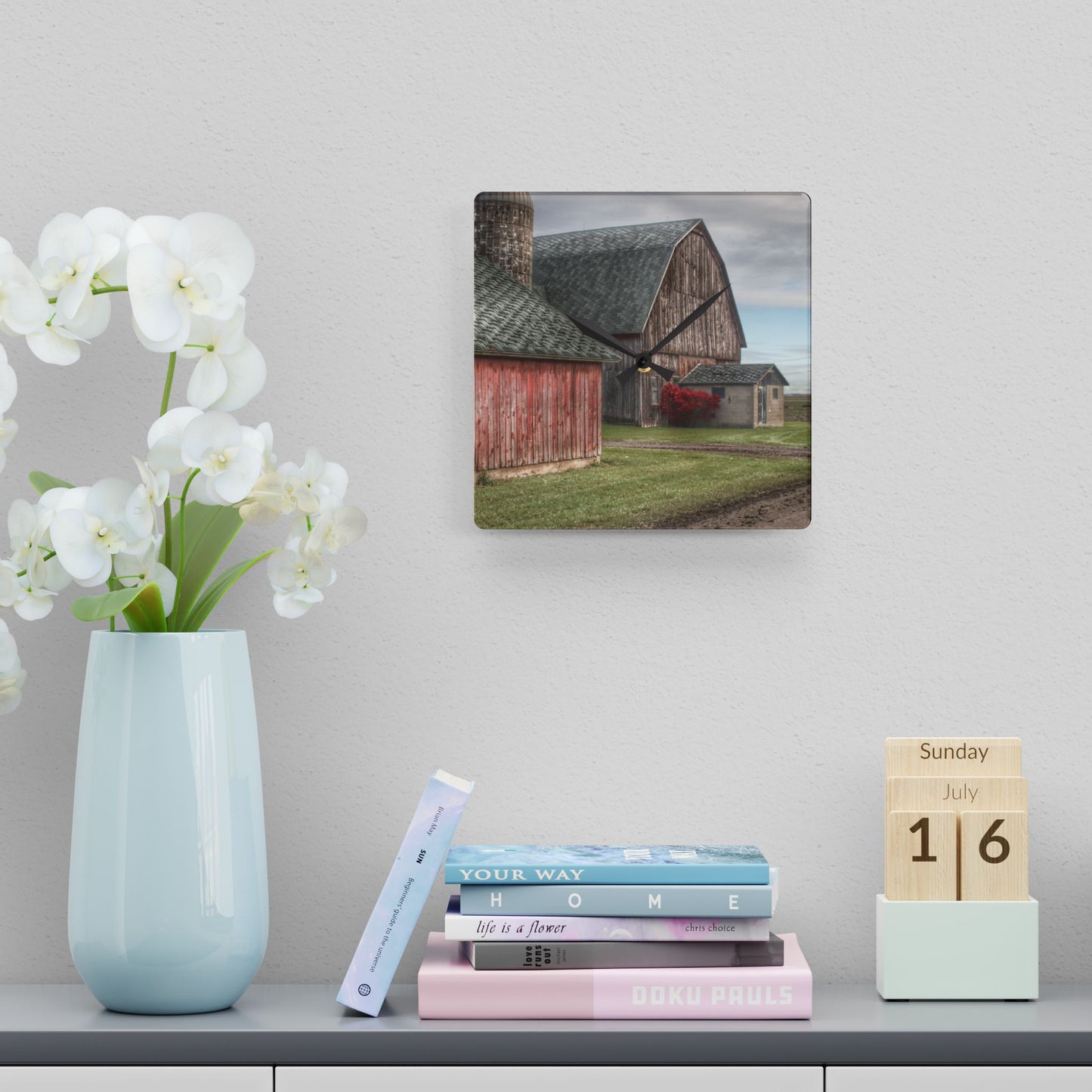 U R There Photography Roedel Roadside Reds III Rustic Farmhouse Acrylic Analog Wall Clock
