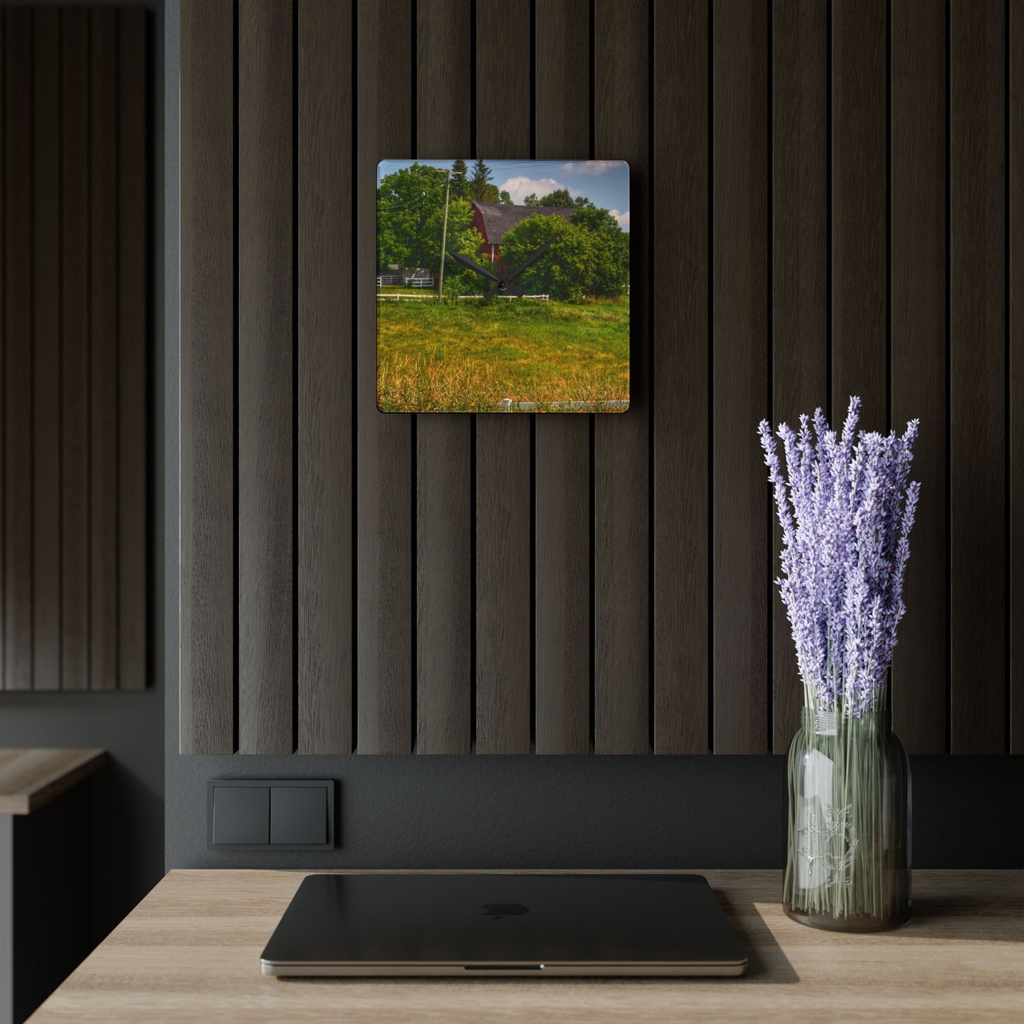 U R There Photography Hidden Red Beyond the Fence Rustic Farmhouse Acrylic Analog Wall Clock