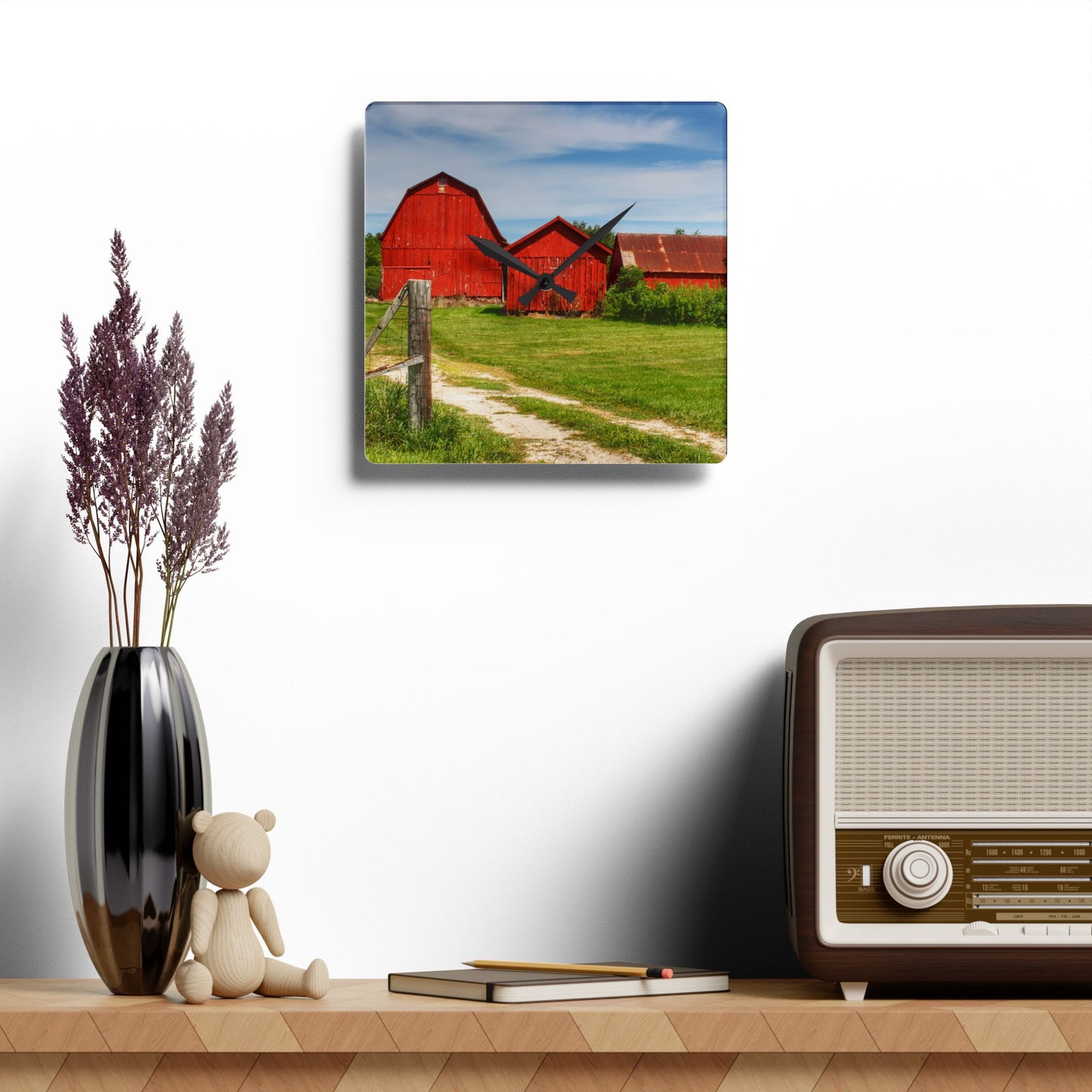 U R There Photography South Oak Road Reds I Rustic Farmhouse Acrylic Analog Wall Clock