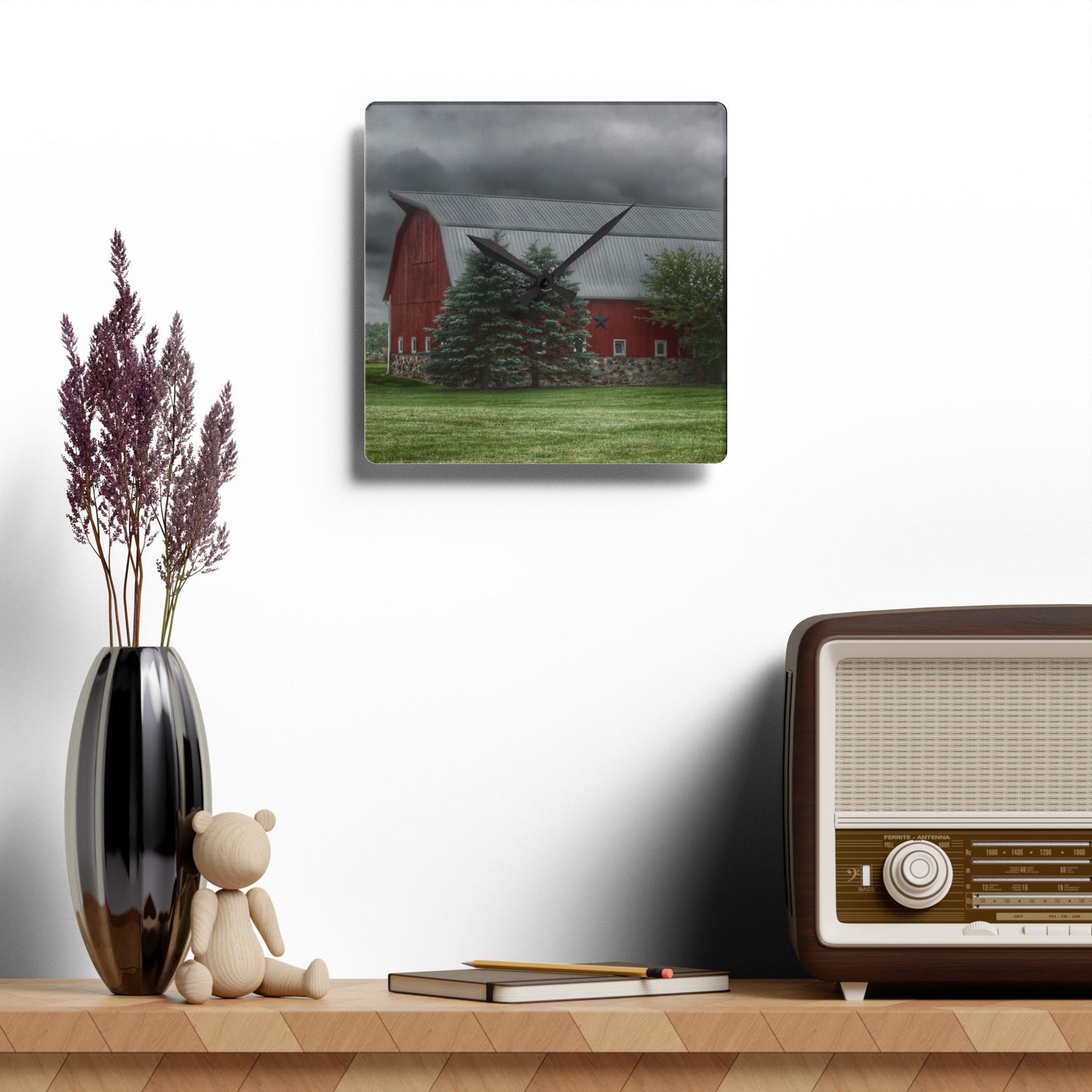 U R There Photography Clifford Road Red and Silo I Rustic Farmhouse Acrylic Analog Wall Clock