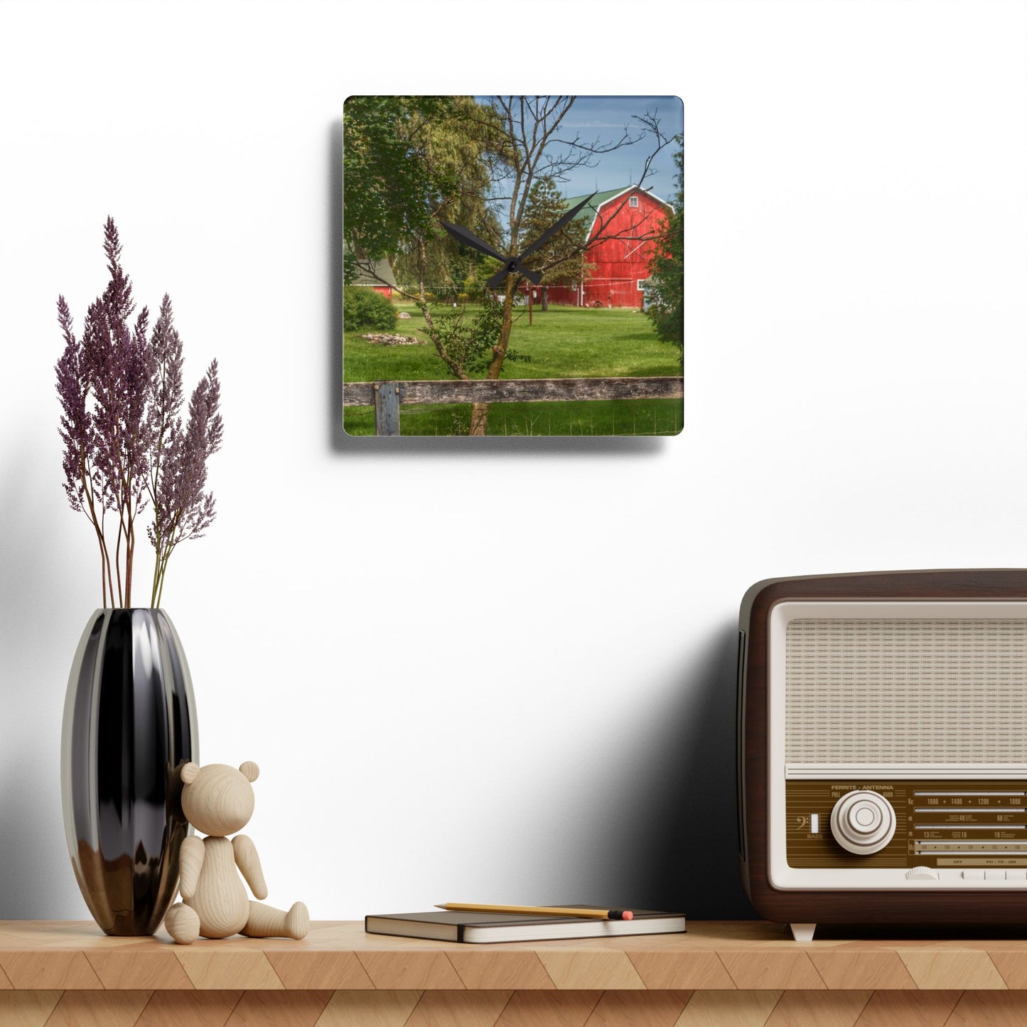 U R There Photography Roadside Red Beyond the Fence Rustic Farmhouse Acrylic Analog Wall Clock
