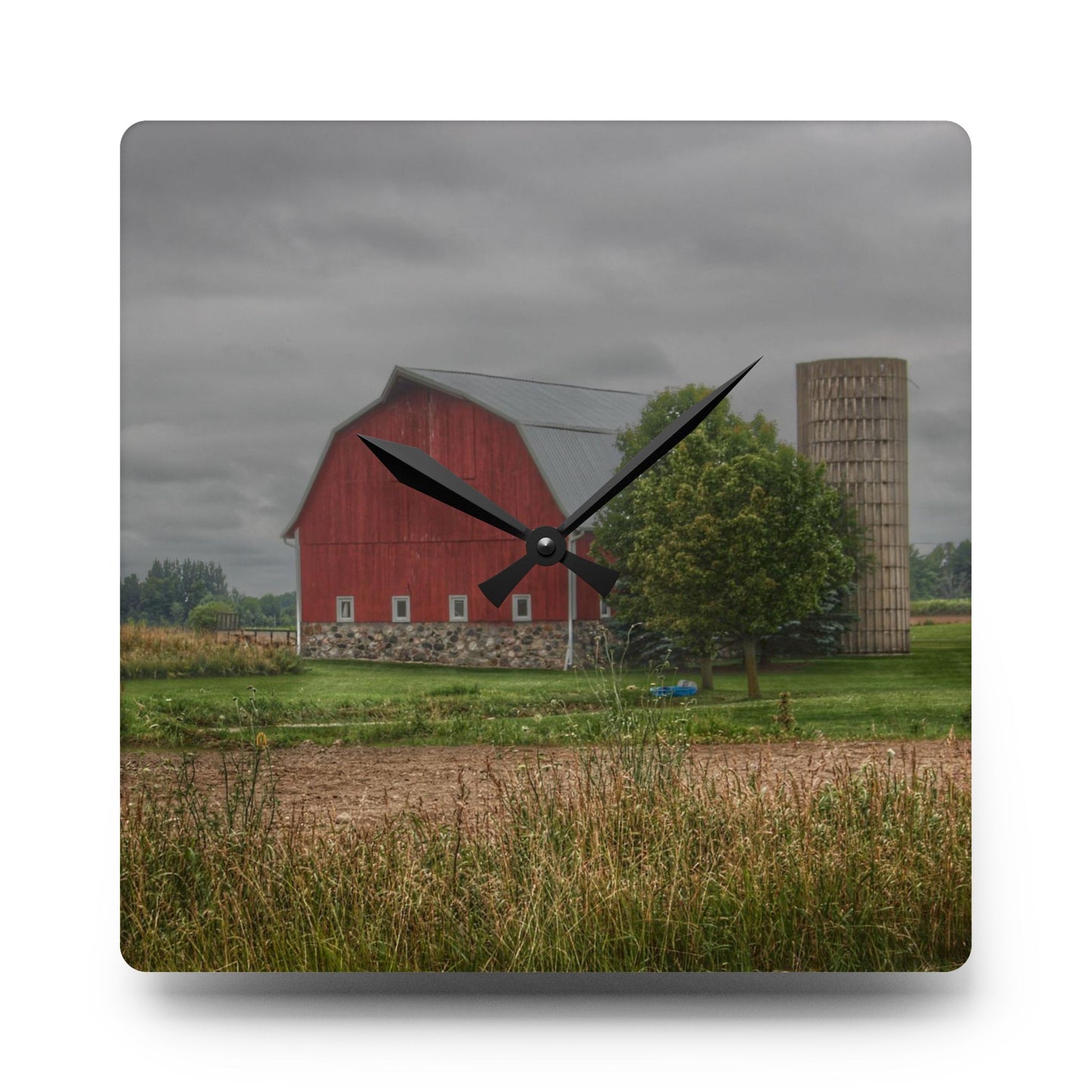 U R There Photography Clifford Road Red and Silo II Rustic Farmhouse Acrylic Analog Wall Clock