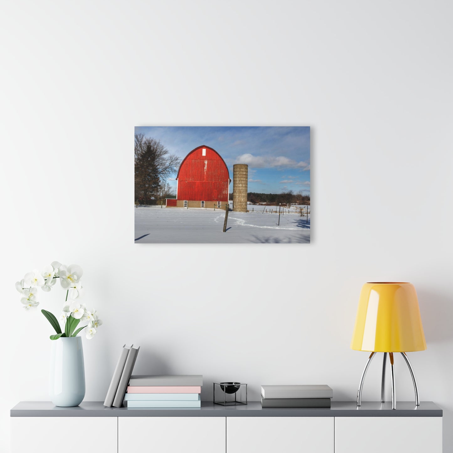 U R There Photography Barnes Road Winter Red Rustic Farmhouse Acrylic Wall Print