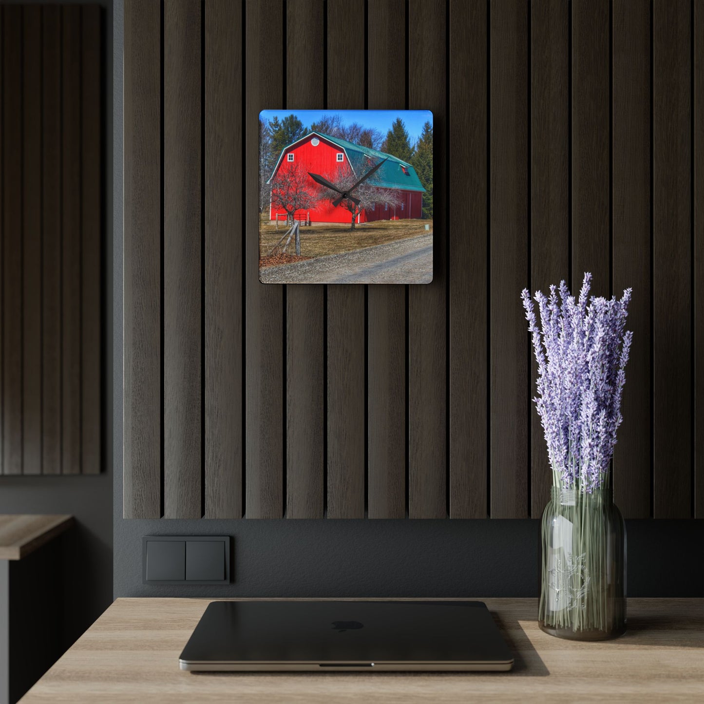 U R There Photography Campground Road Red Rustic Farmhouse Acrylic Analog Wall Clock