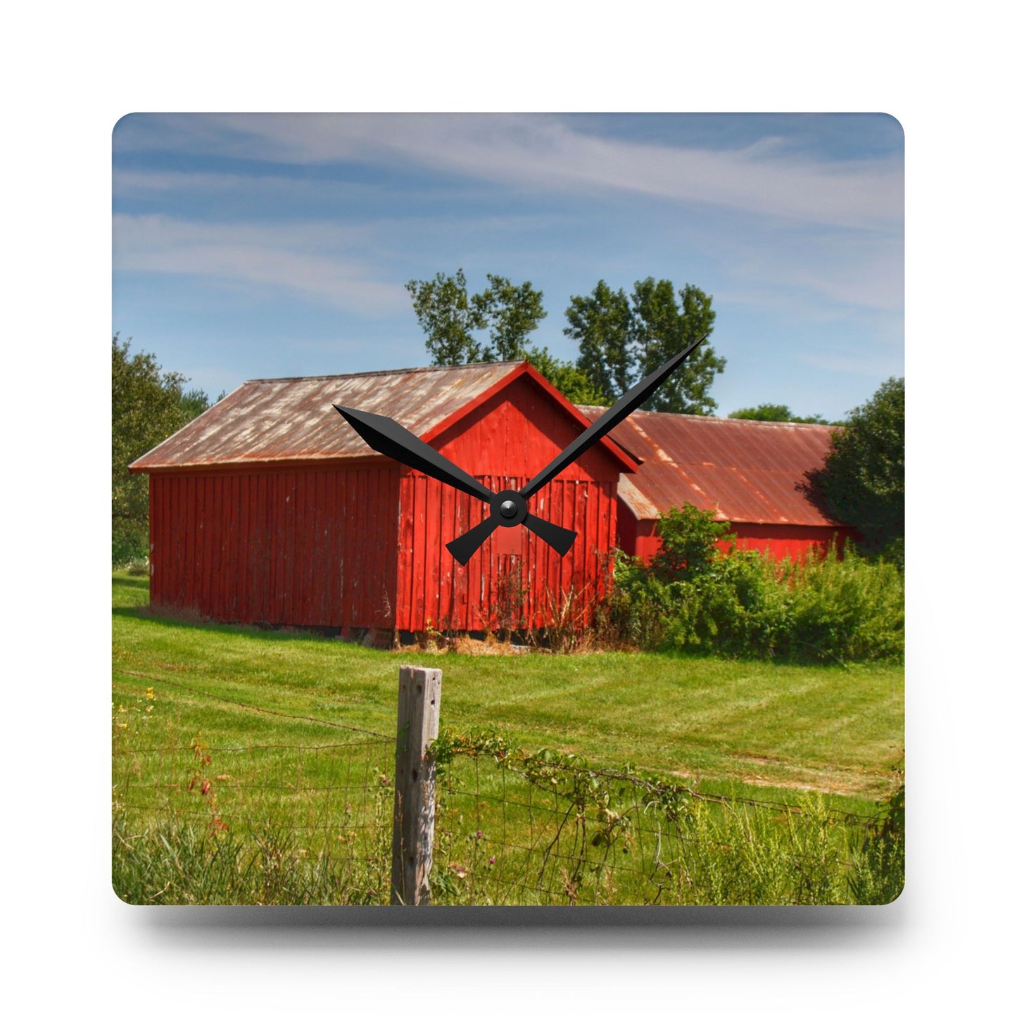 U R There Photography South Oak Road Reds II Rustic Farmhouse Acrylic Analog Wall Clock