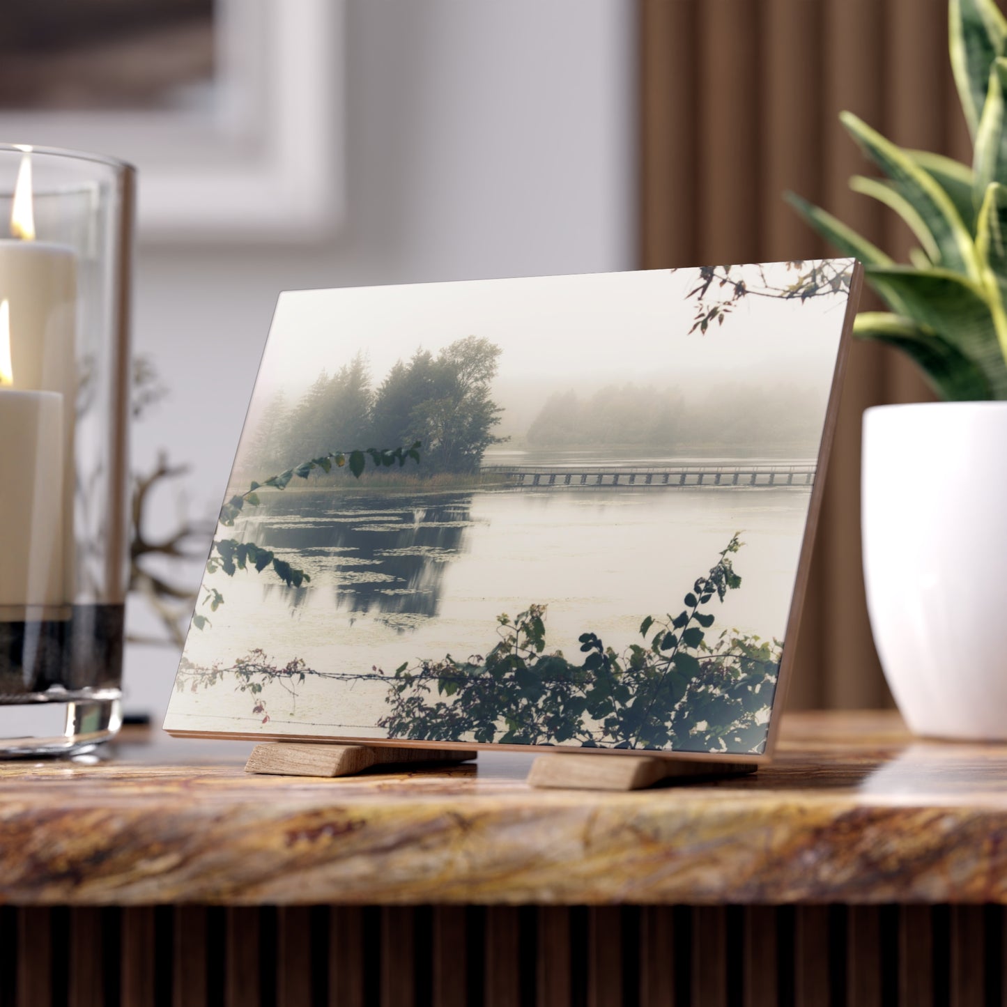 U R There Photography Bridge in Fog Rustic Farmhouse Decorative Ceramic Tile