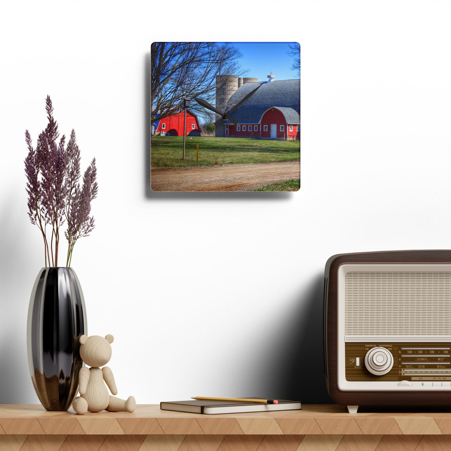 U R There Photography Hough Road Reds and Silo II Rustic Farmhouse Acrylic Analog Wall Clock